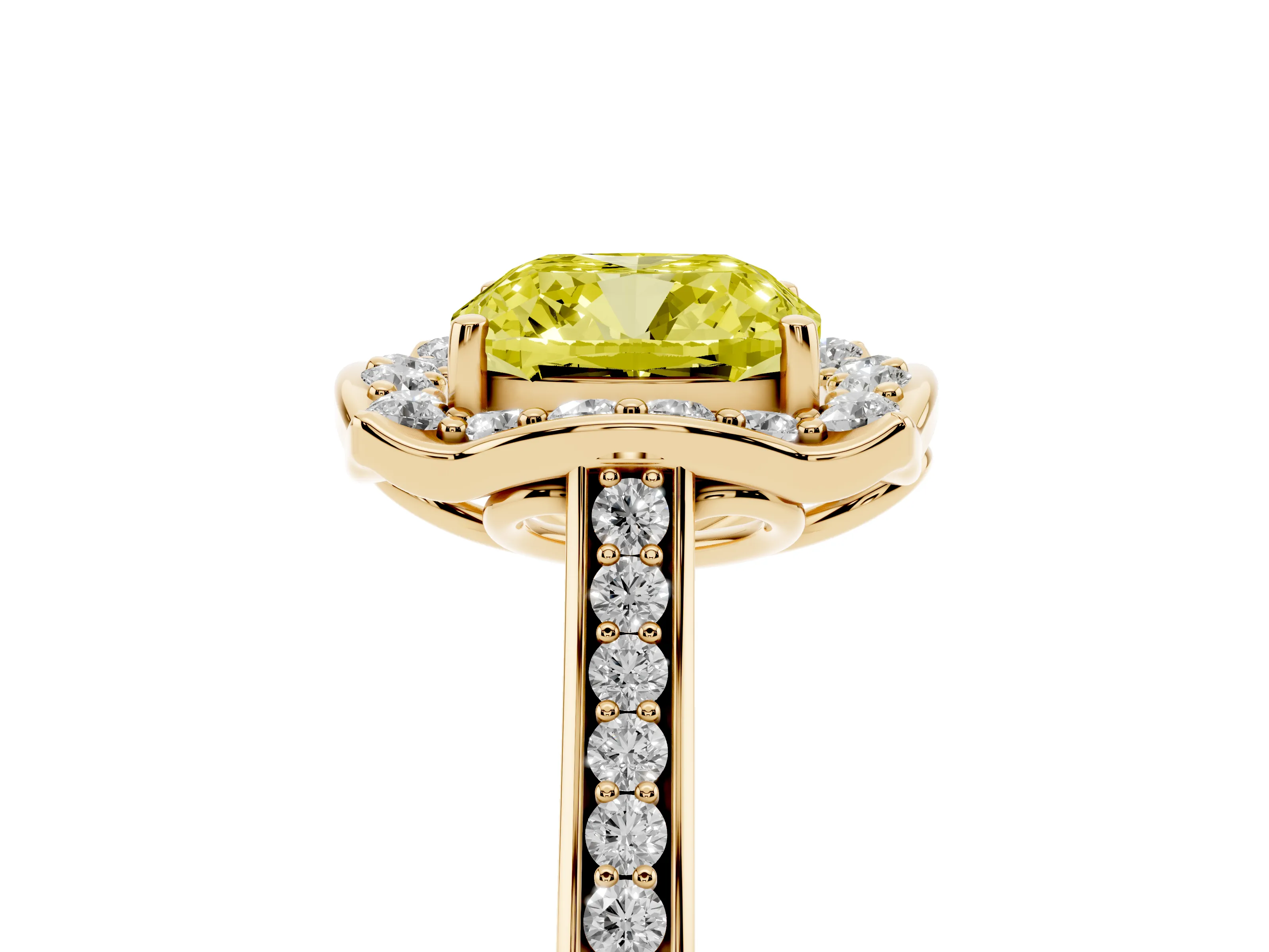 Fancy Yellow Cushion Cut Diamond Halo Ring Set in Yellow gold with Pavé-Lined Shoulders and Prong Setting