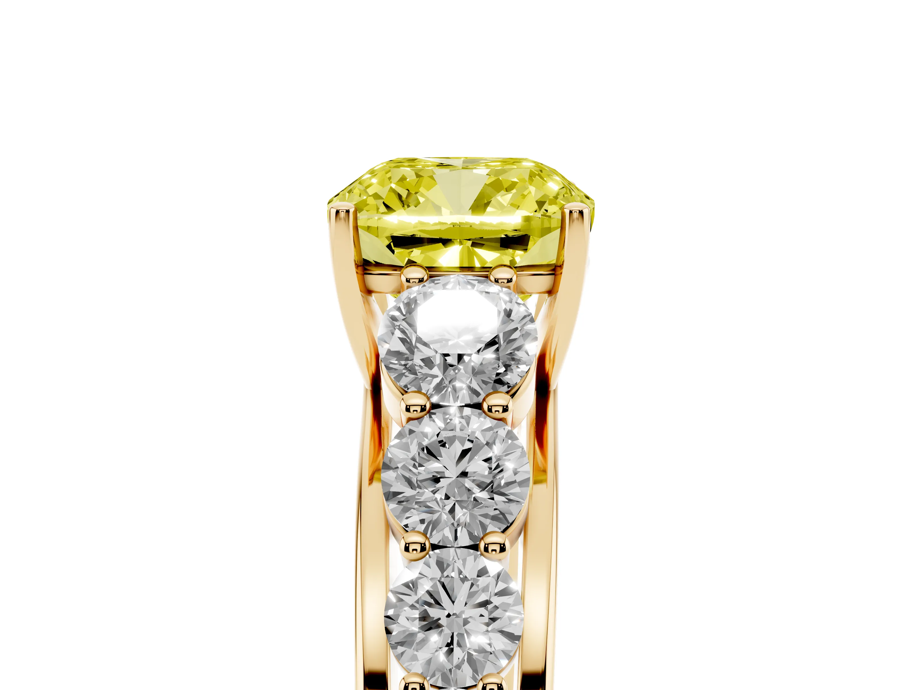 Fancy Yellow Cushion Cut Diamond Solitaire Ring Set in Yellow gold with Pavé-Set Band and Prong Setting