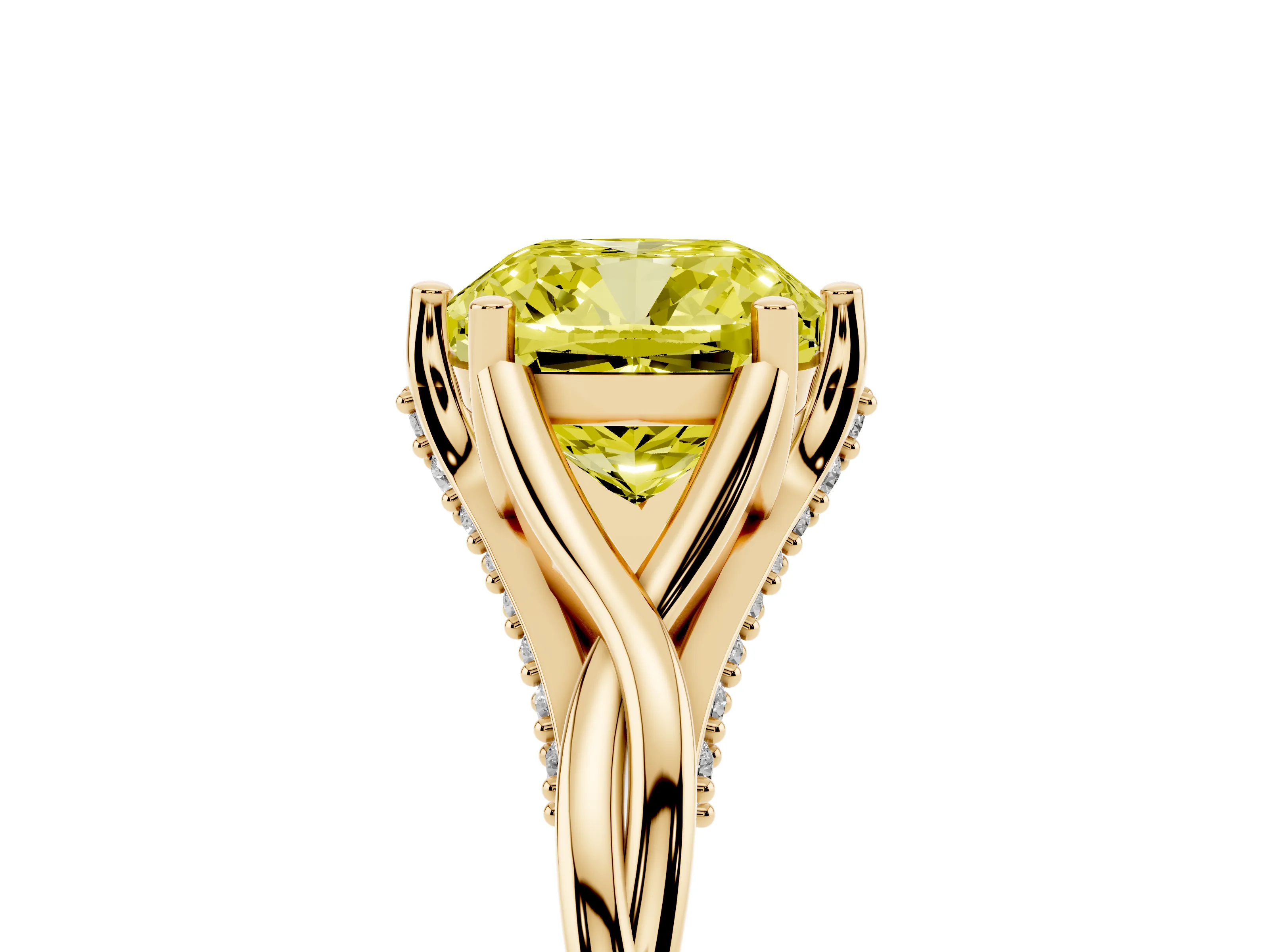 Fancy Yellow Cushion Cut Diamond Intertwined Twist Band Solitaire Ring Set in Yellow gold with Prong Setting