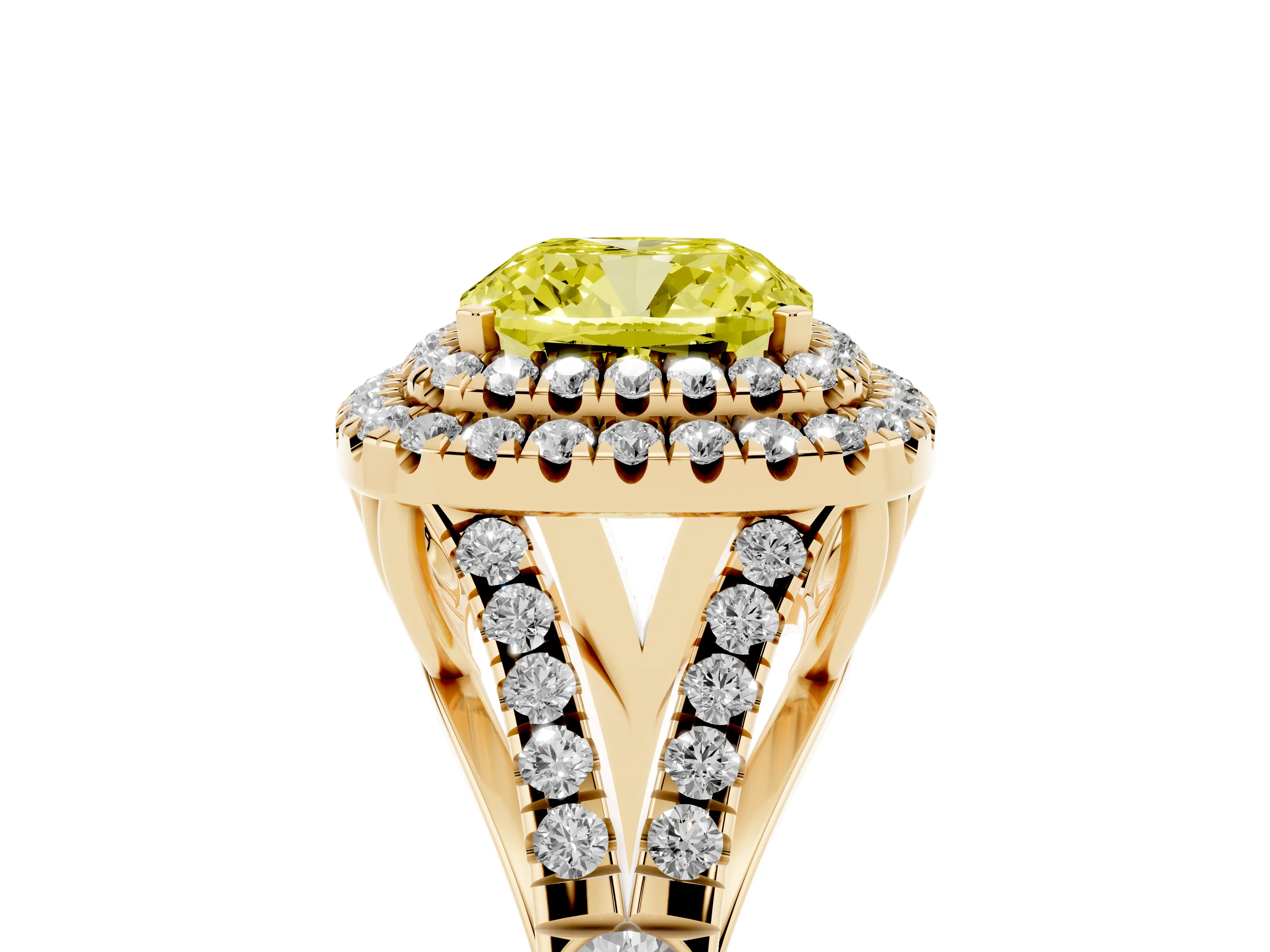 Fancy Yellow Cushion Cut Diamond Pavé Split Shank Double Halo Engagement Ring Set in Yellow gold