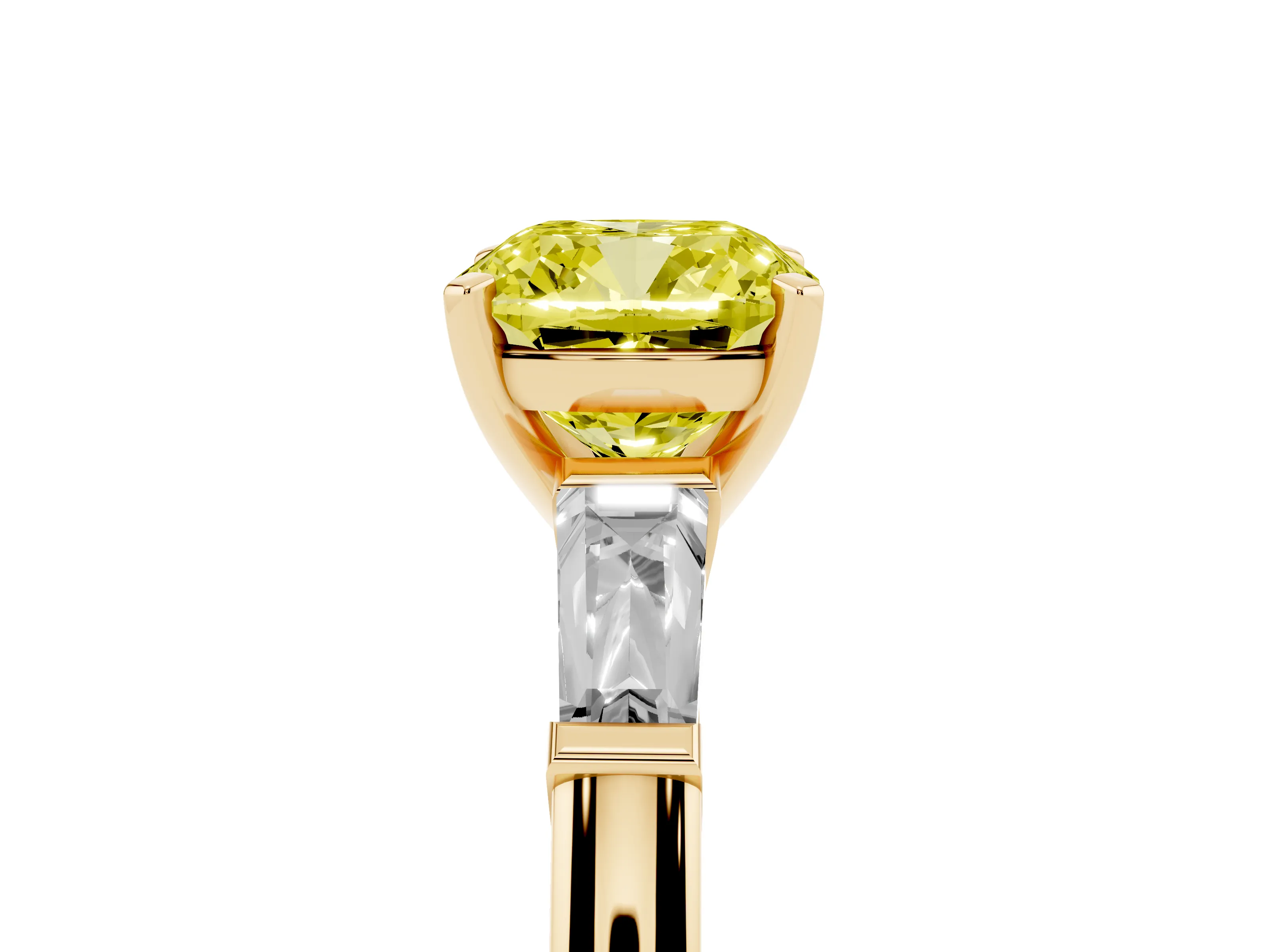Fancy Yellow Cushion Cut Diamond Solitaire Ring Set in Yellow gold with Tapered Baguette Side Stones and Prong Setting