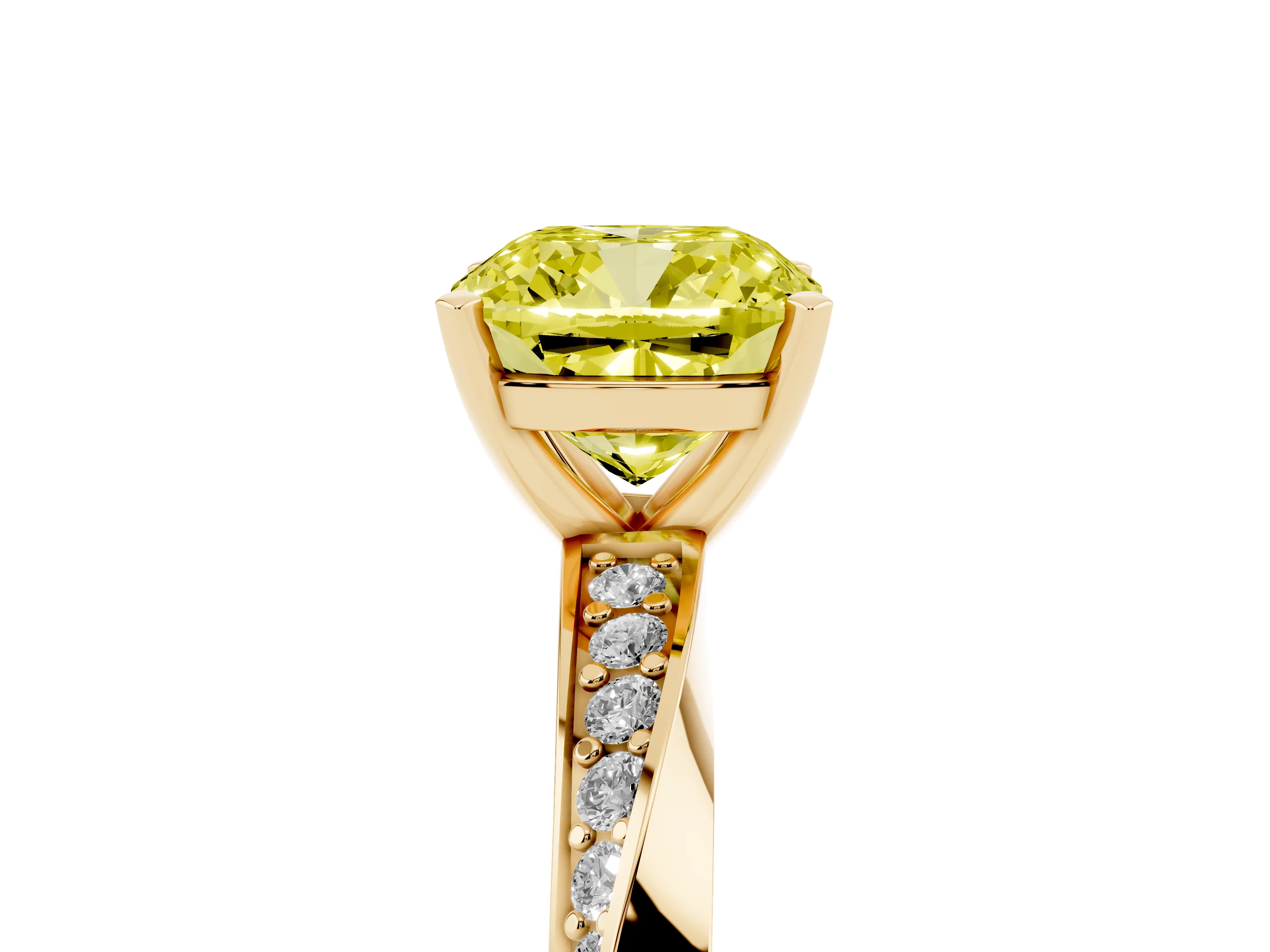 Fancy Yellow Cushion Cut Diamond Engagement Ring Set in Yellow gold with Side Stone Accents and Prong Setting