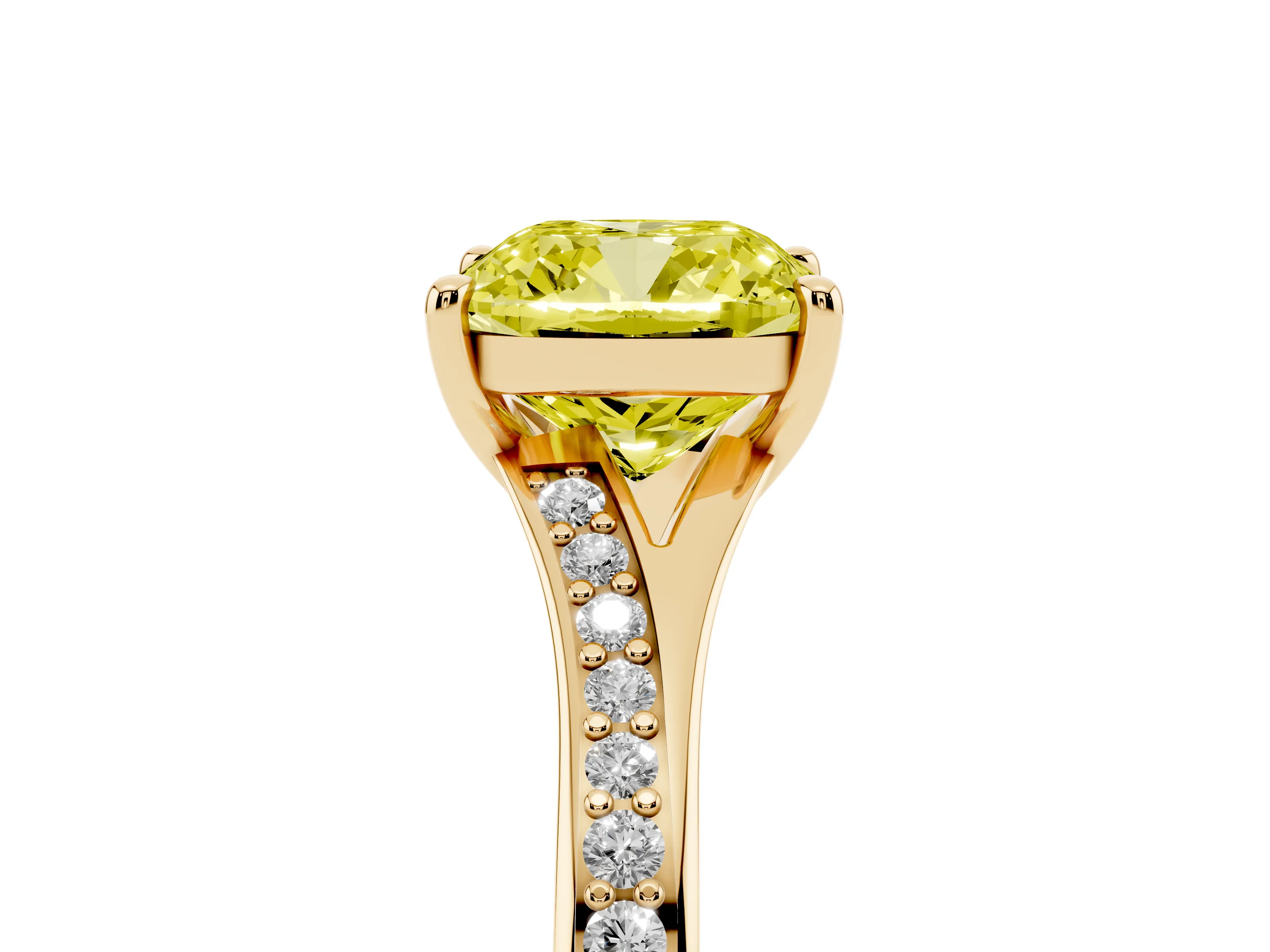 Fancy Yellow Cushion Cut Diamond Solitaire Ring Set in Yellow gold with Pavé Accent Band and Classic Prong Setting