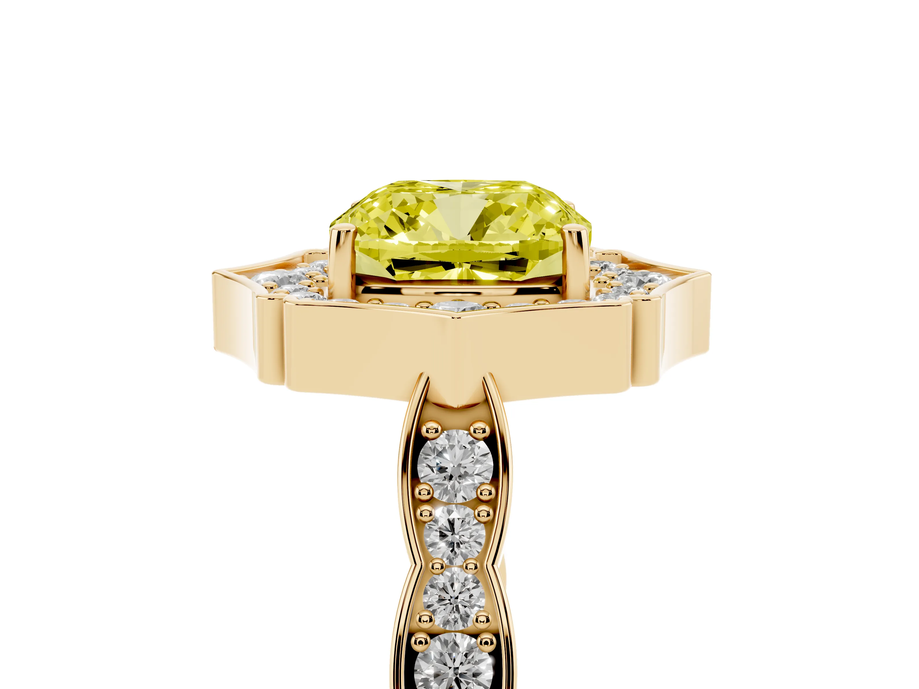 Fancy Yellow Cushion Cut Diamond Halo Engagement Ring Set in Yellow gold with Milgrain Band and Prong Setting