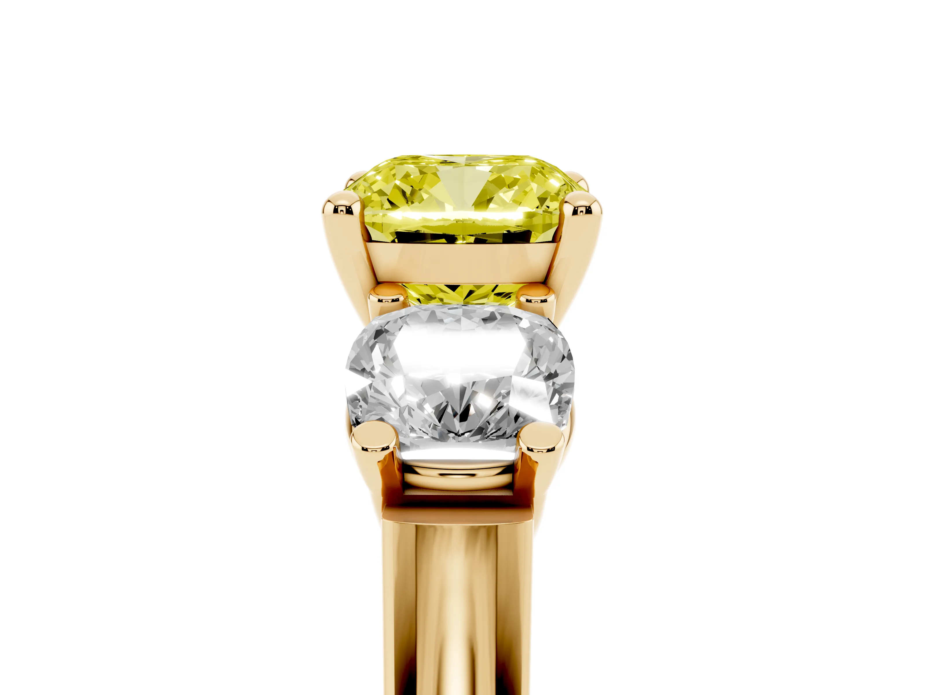 Fancy Yellow Cushion Cut Diamond Three-Stone Trellis Ring Set in Yellow gold with Comfort Fit Band