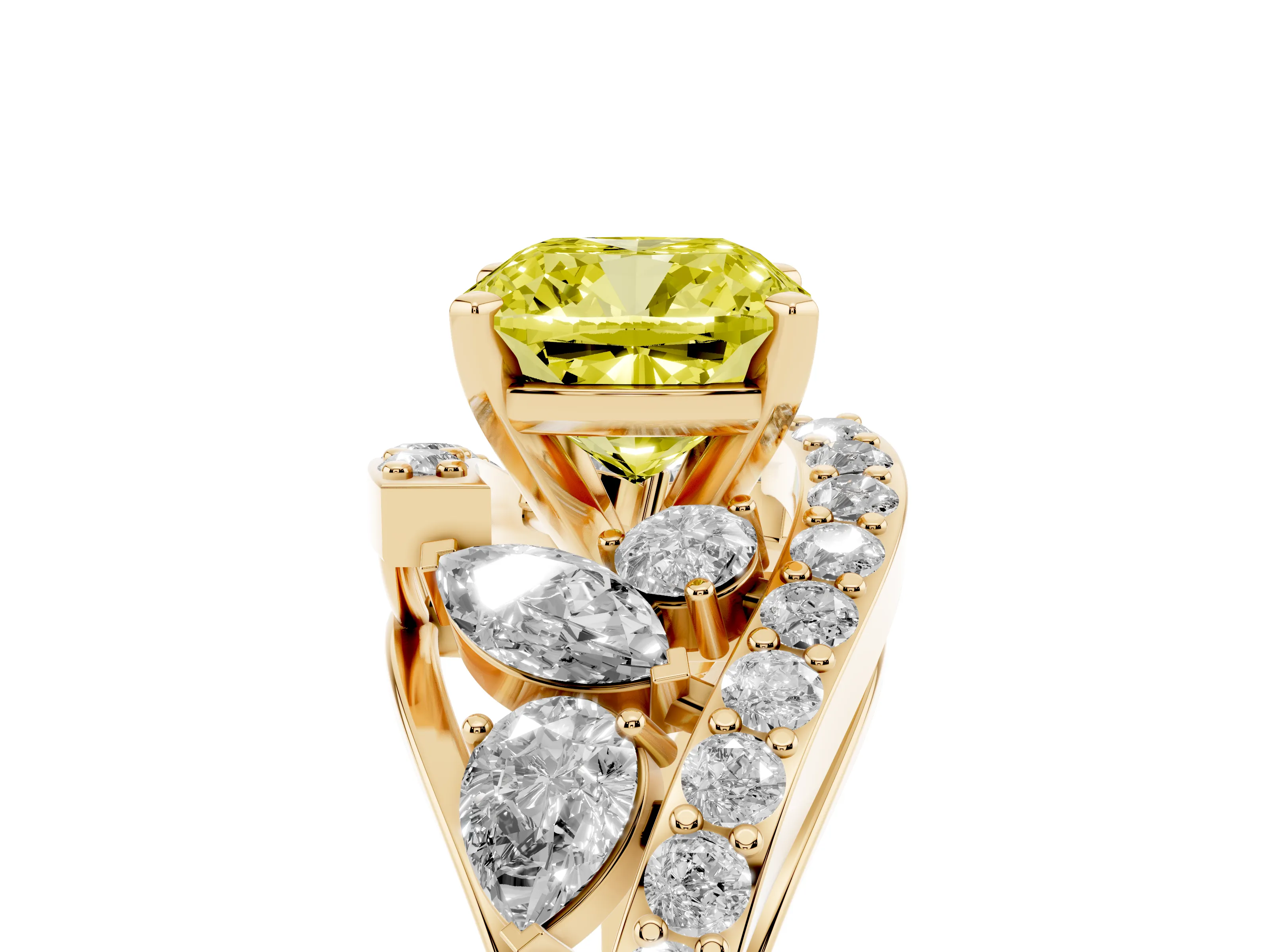 Fancy Yellow Cushion Cut Diamond Halo Ring Set in Yellow gold with Marquise and Pavé Band in Prong Setting