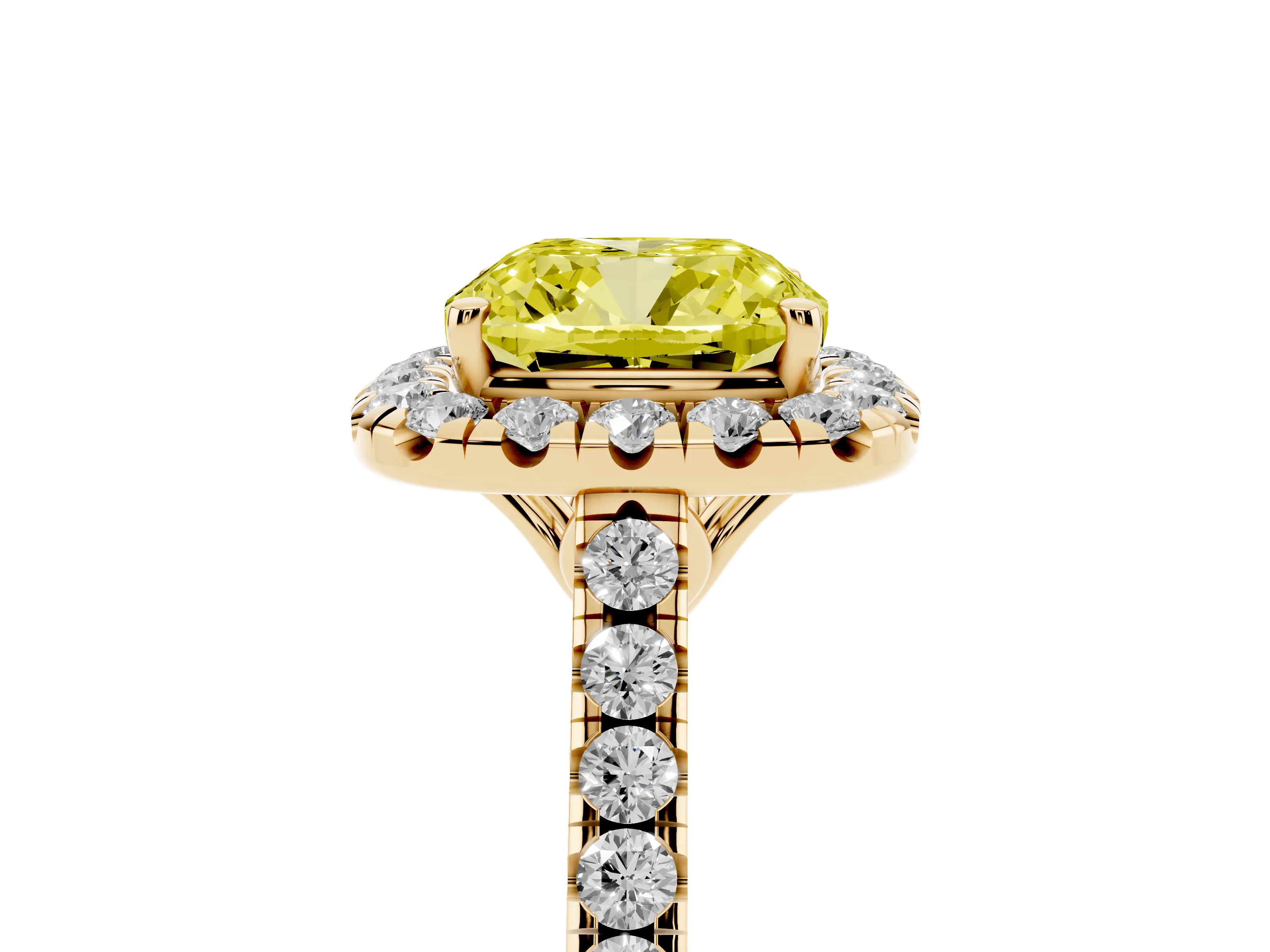 Fancy Yellow Cushion Cut Diamond Pavé Halo Engagement Ring Set in Yellow gold with Pavé Band and Prong Setting