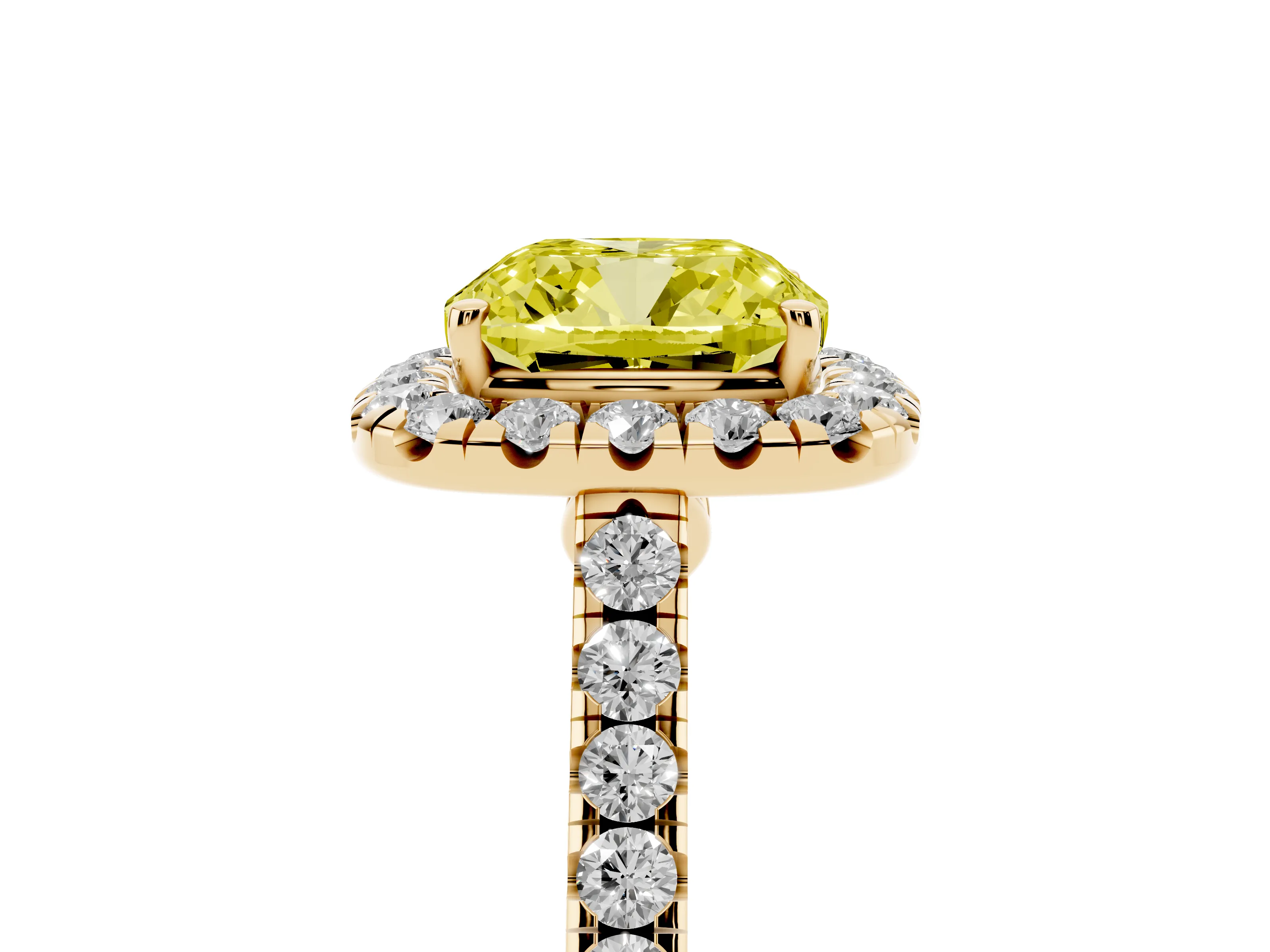 Fancy Yellow Cushion Cut Diamond Halo Pavé Engagement Ring Set in Yellow gold with Prong Setting