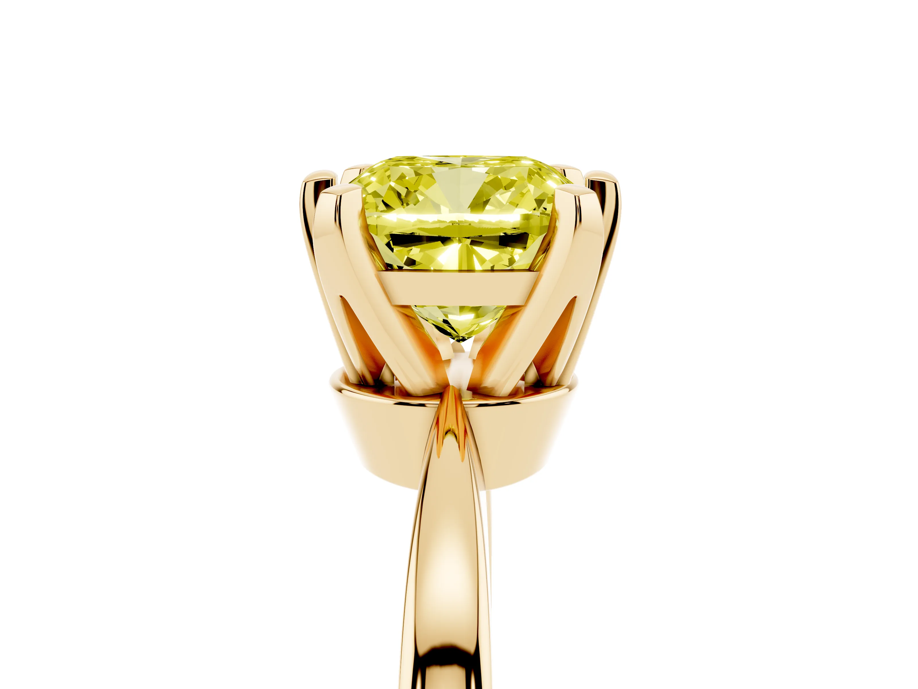 Fancy Yellow Cushion Cut Diamond Solitaire Engagement Ring Set in Yellow gold with Slim Tapered Solitaire Band