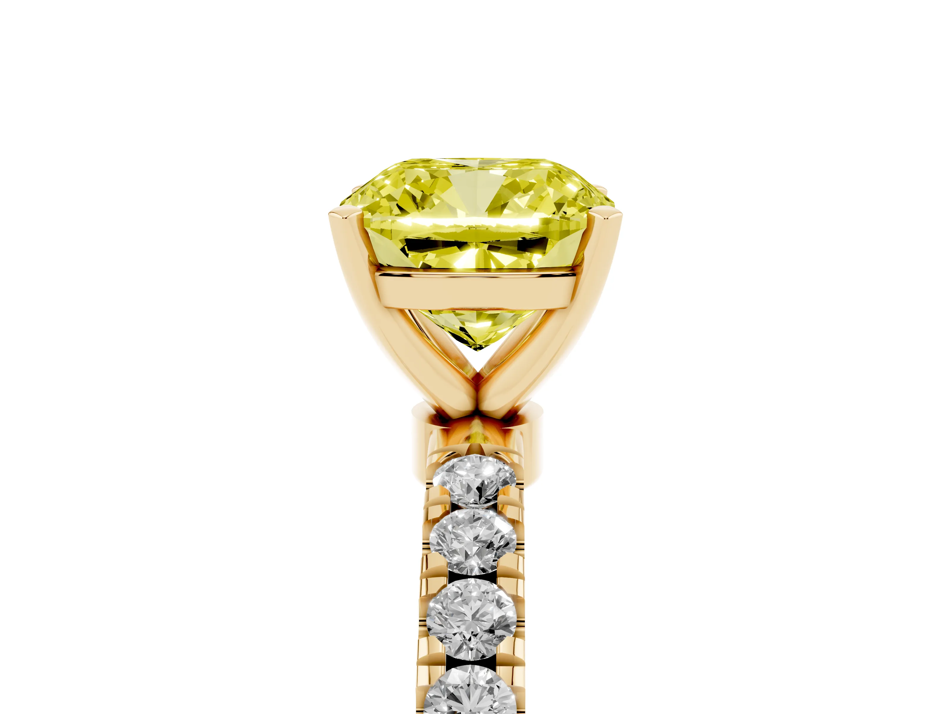 Fancy Yellow Cushion Cut Diamond Solitaire Ring Set in Yellow gold with Pavé Accents and Prong Setting