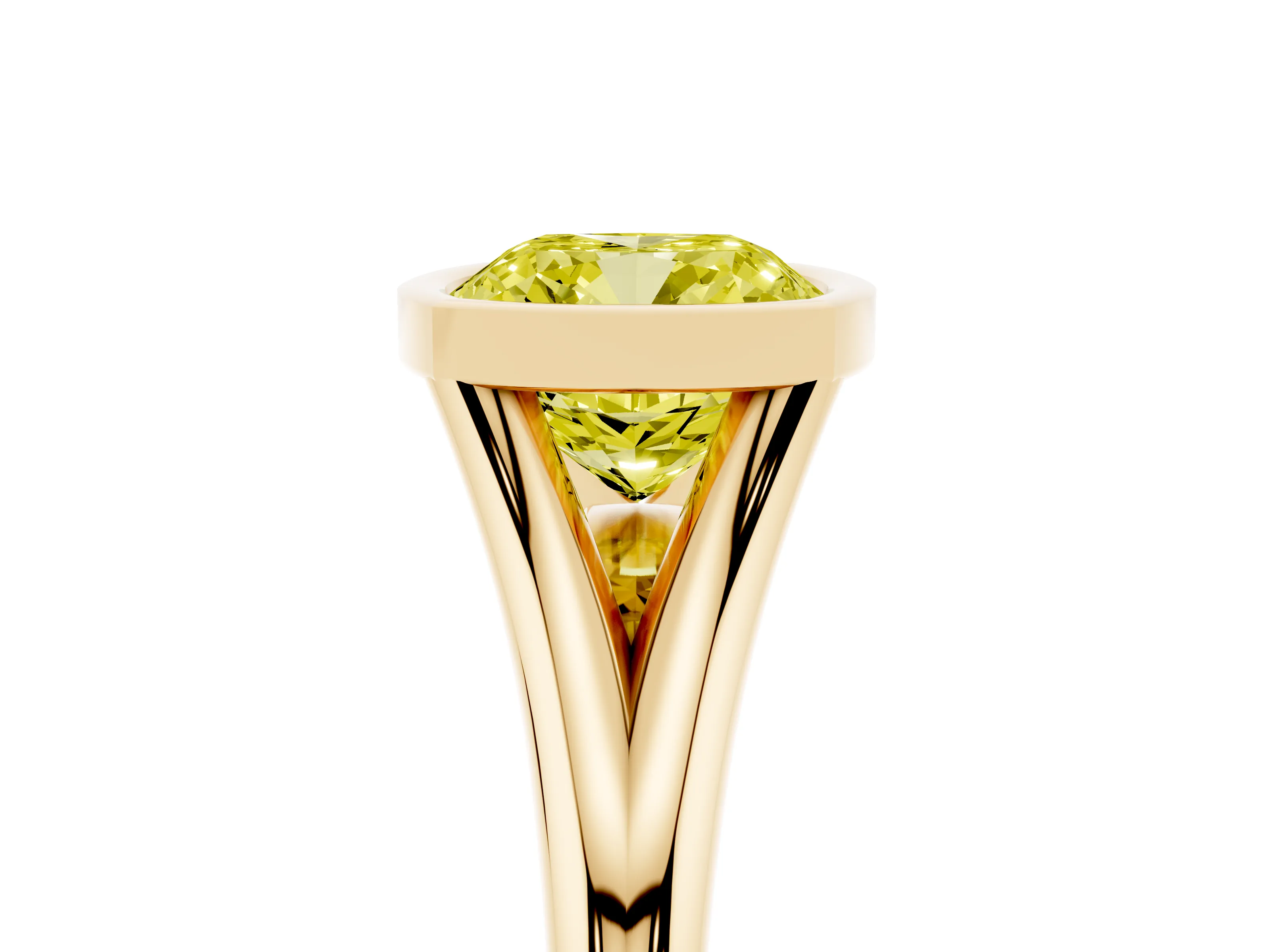 Fancy Yellow Bezel Set Cushion Cut Diamond Solitaire Ring Set in Yellow gold with Tapered Band