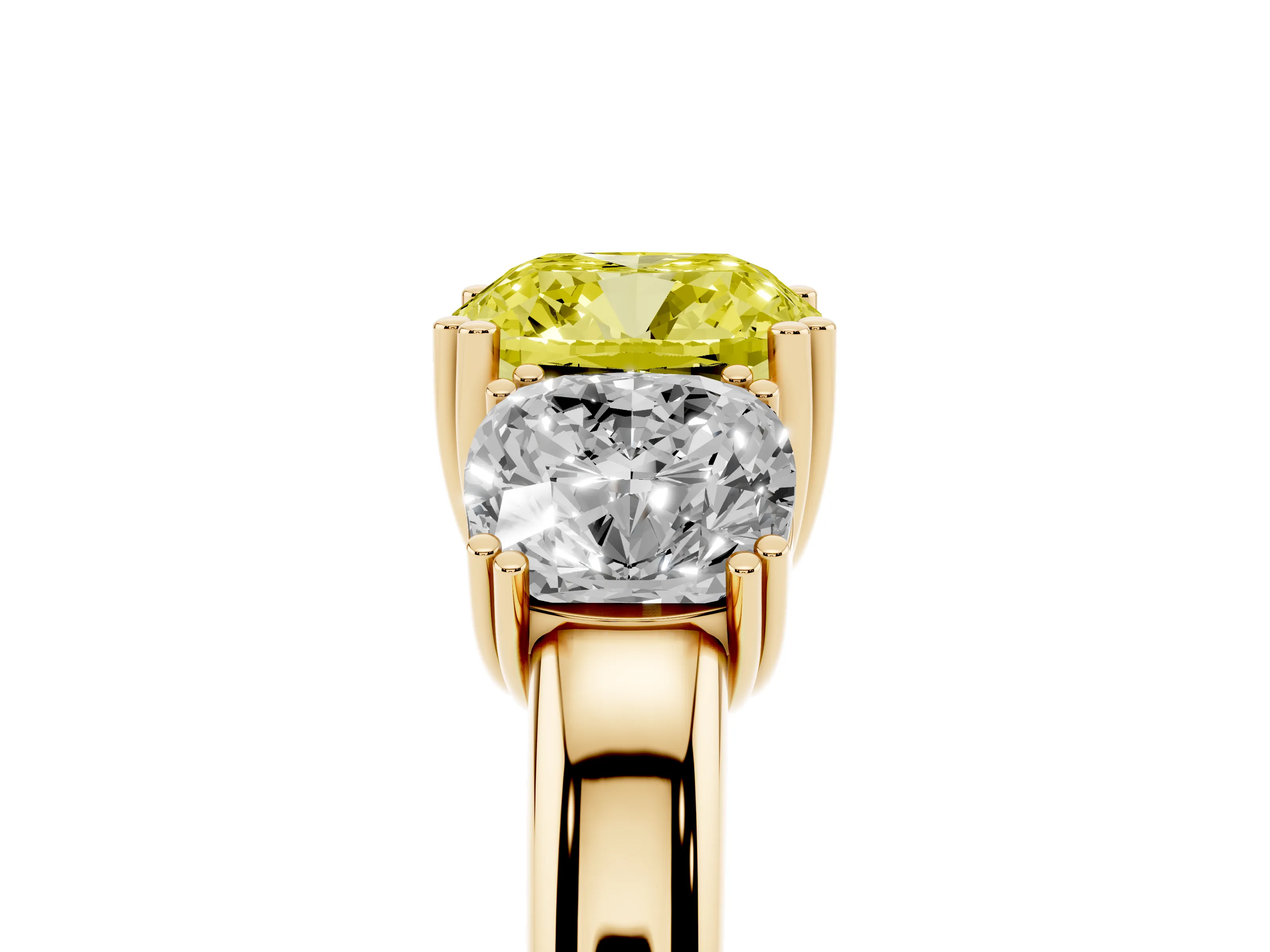 Fancy Yellow Cushion Cut Diamond Three-Stone Ring Set in Yellow gold with Polished Band and Prong Setting