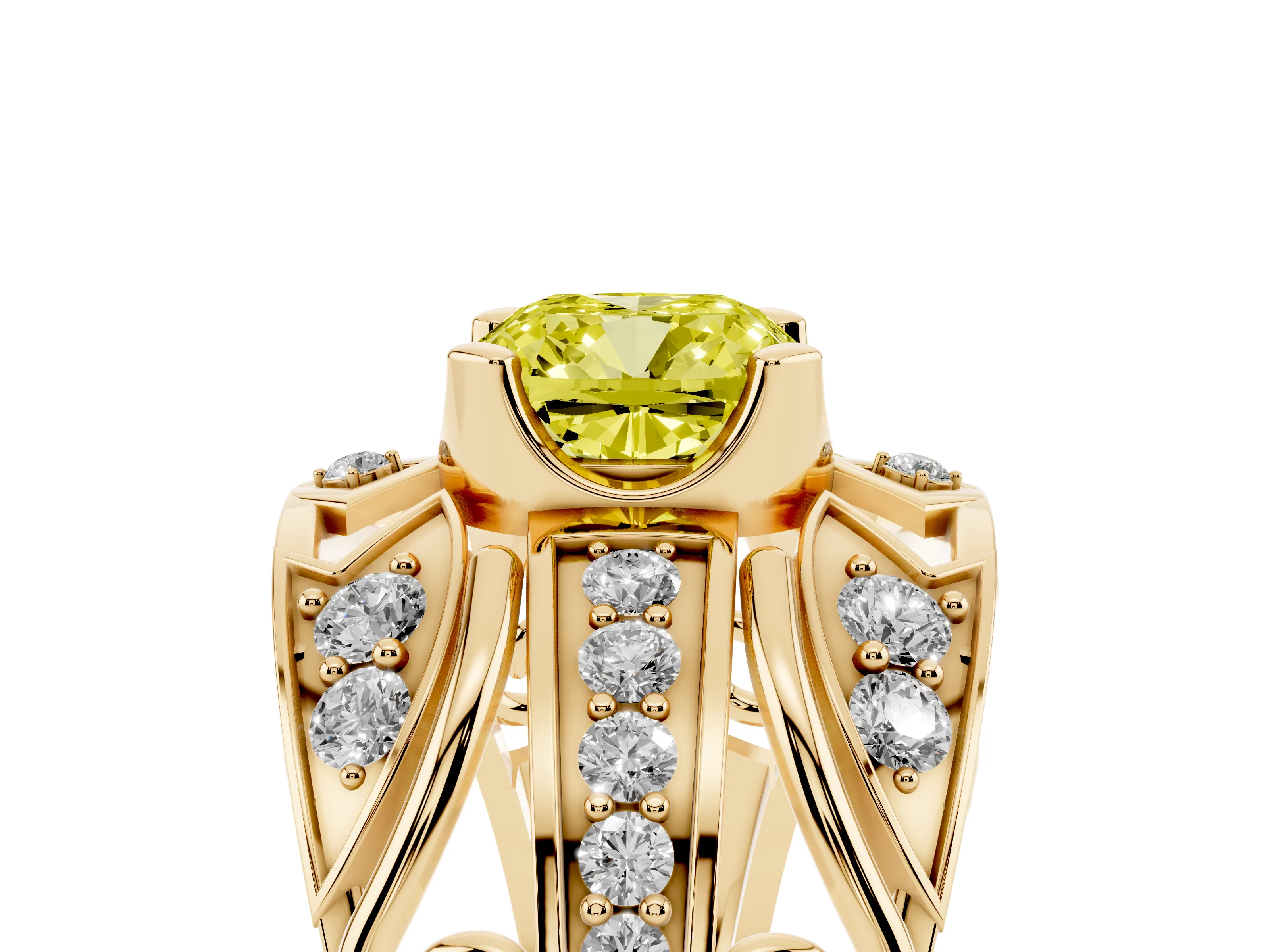 Fancy Yellow Cushion Cut Diamond Art Deco Ring Set in Yellow gold with Pavé Split Shank