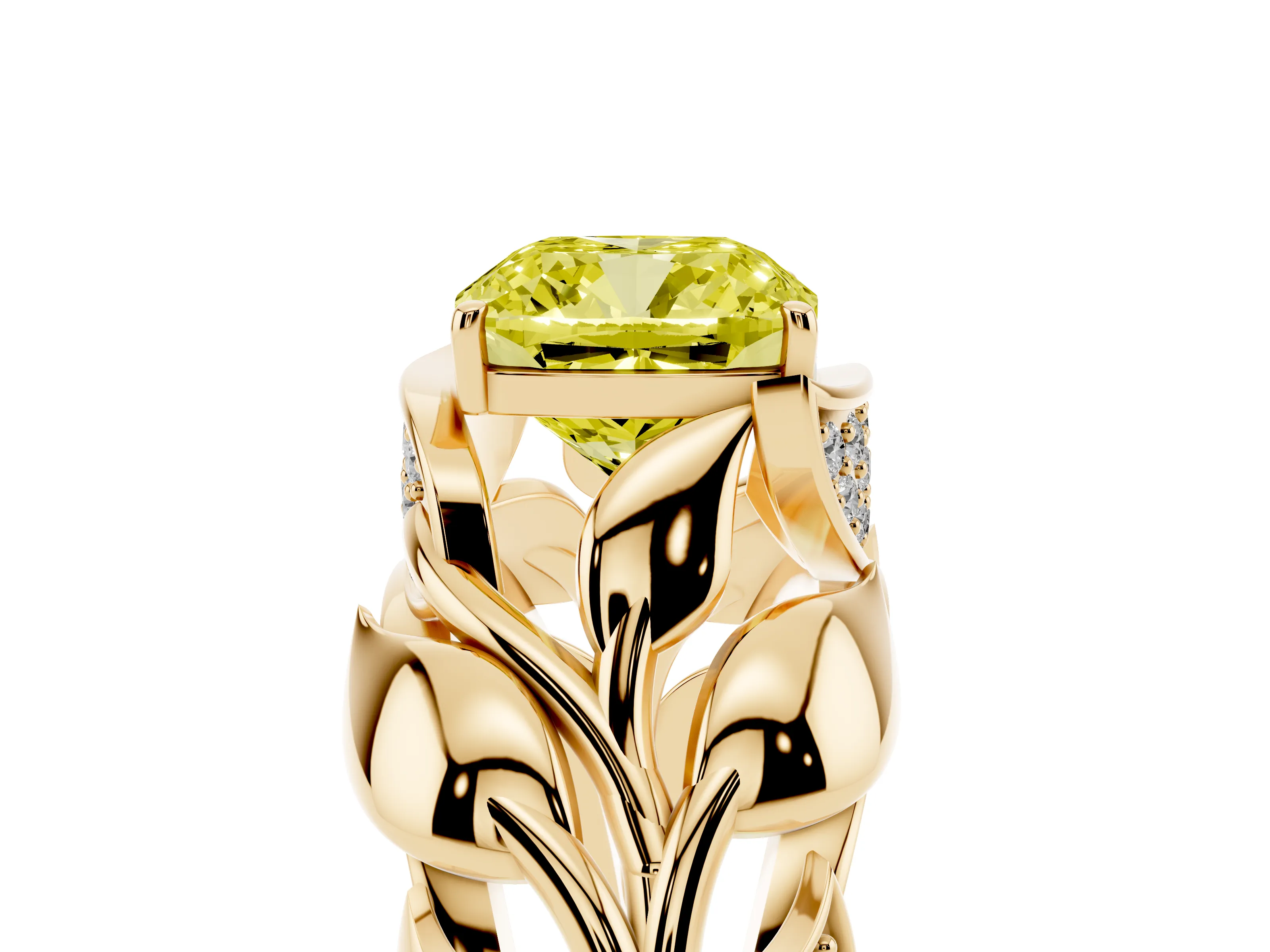 Fancy Yellow Cushion Cut Diamond Leaf-Inspired Engagement Ring Set in Yellow gold with Round Accents
