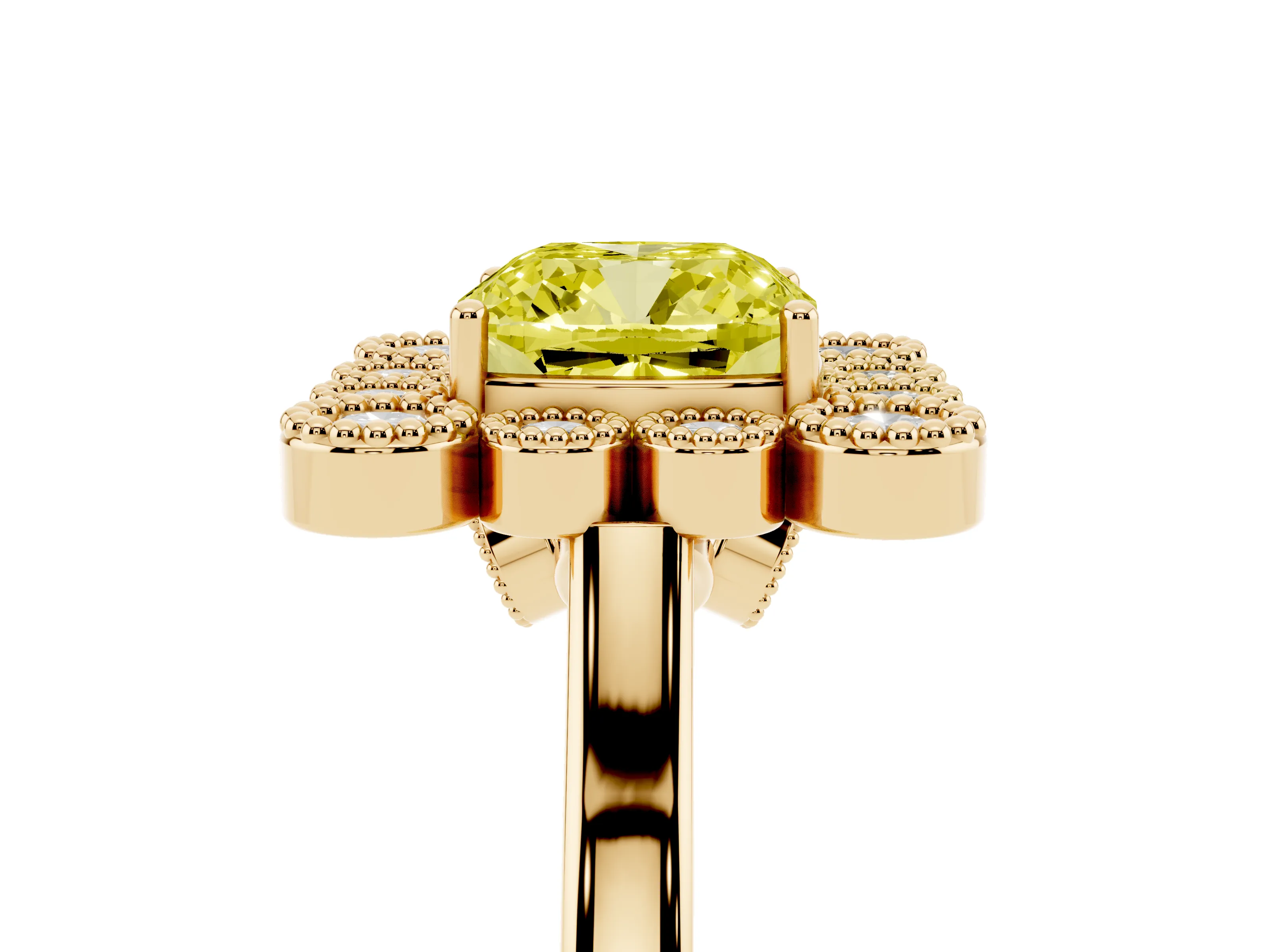 Fancy Yellow Cushion Cut Diamond Cluster Halo Ring Set in Yellow gold with Milgrain Bezel Accents and Plain Band