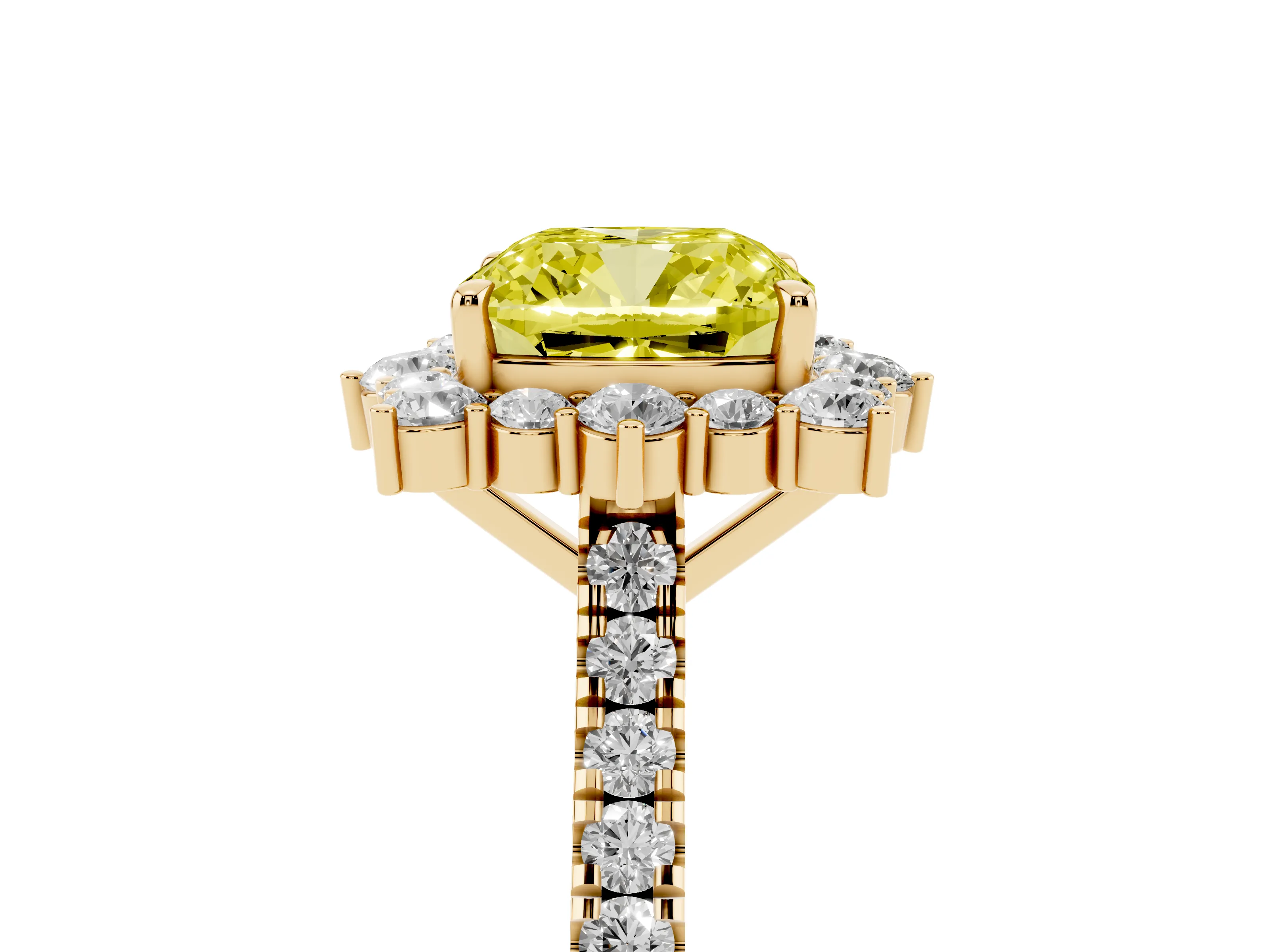 Fancy Yellow Cushion Cut Diamond Halo Ring Set in Yellow gold with Pavé Band and Prong Setting