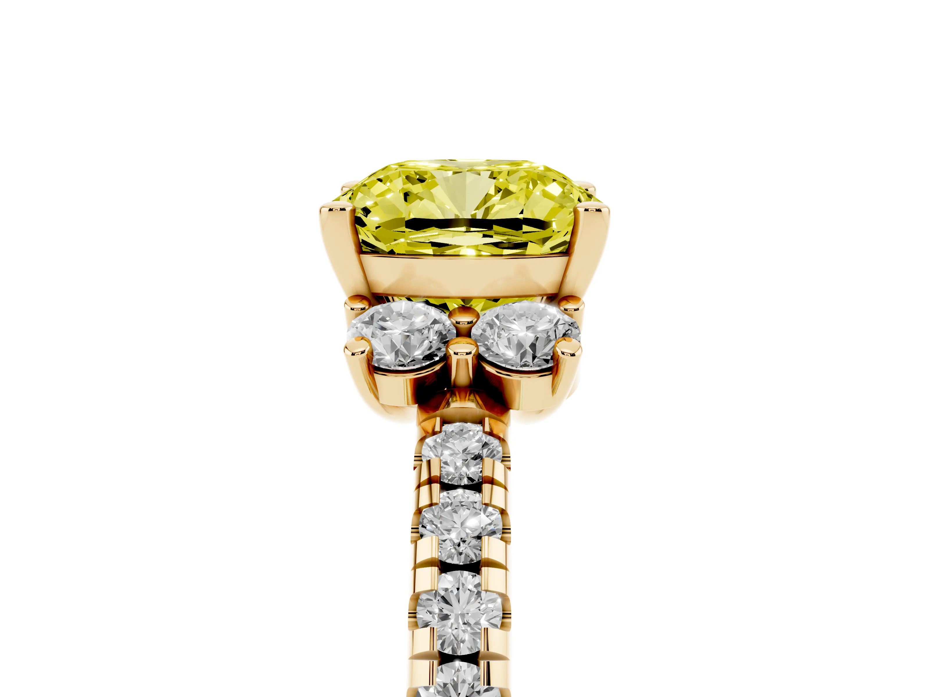 Fancy Yellow Cushion Cut Diamond Three-Stone Pavé Ring Set in Yellow gold with Prong Setting
