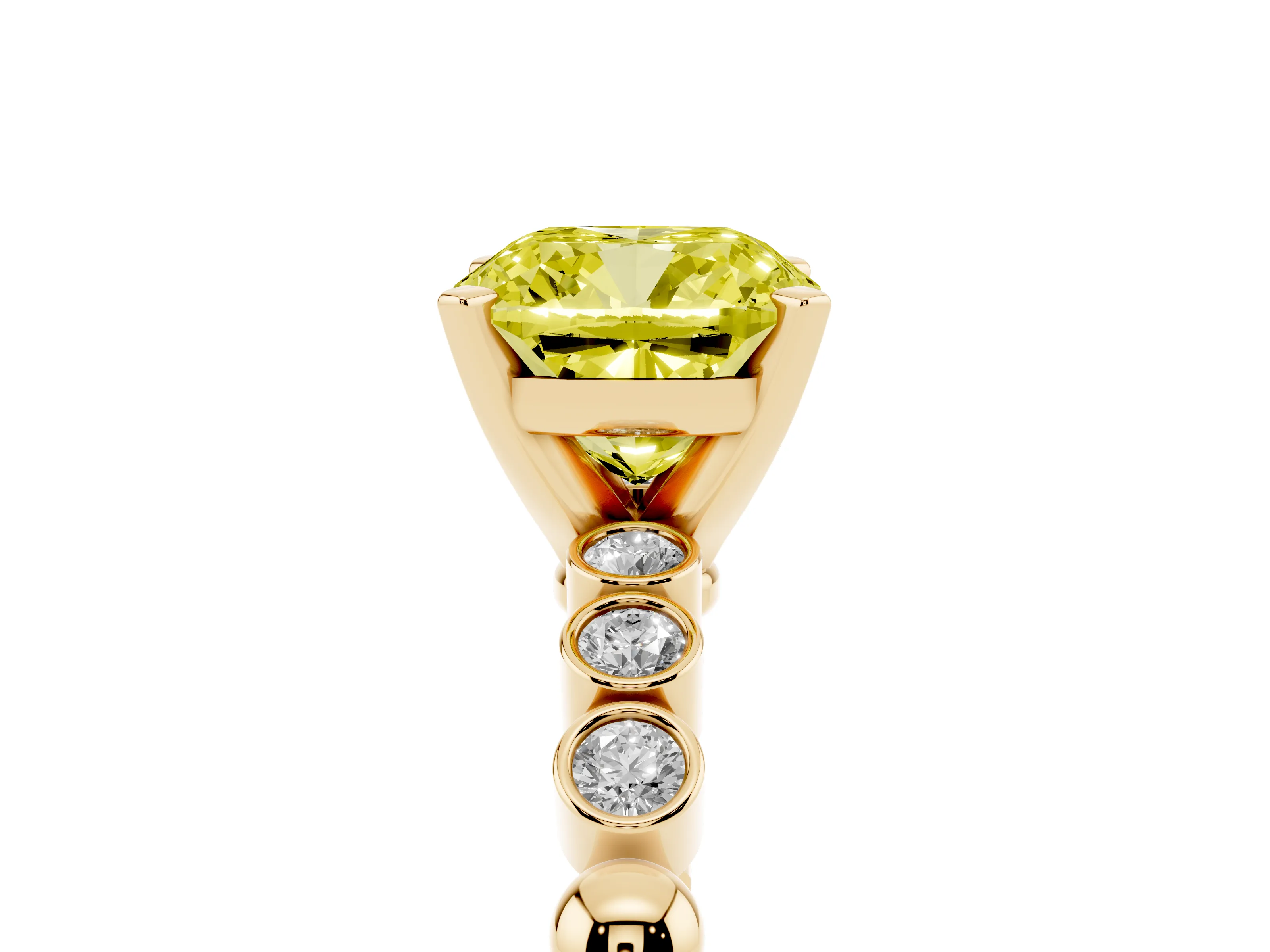 Fancy Yellow Cushion Cut Diamond Solitaire Engagement Ring Set in Yellow gold with Bezel Accents on Beaded Band