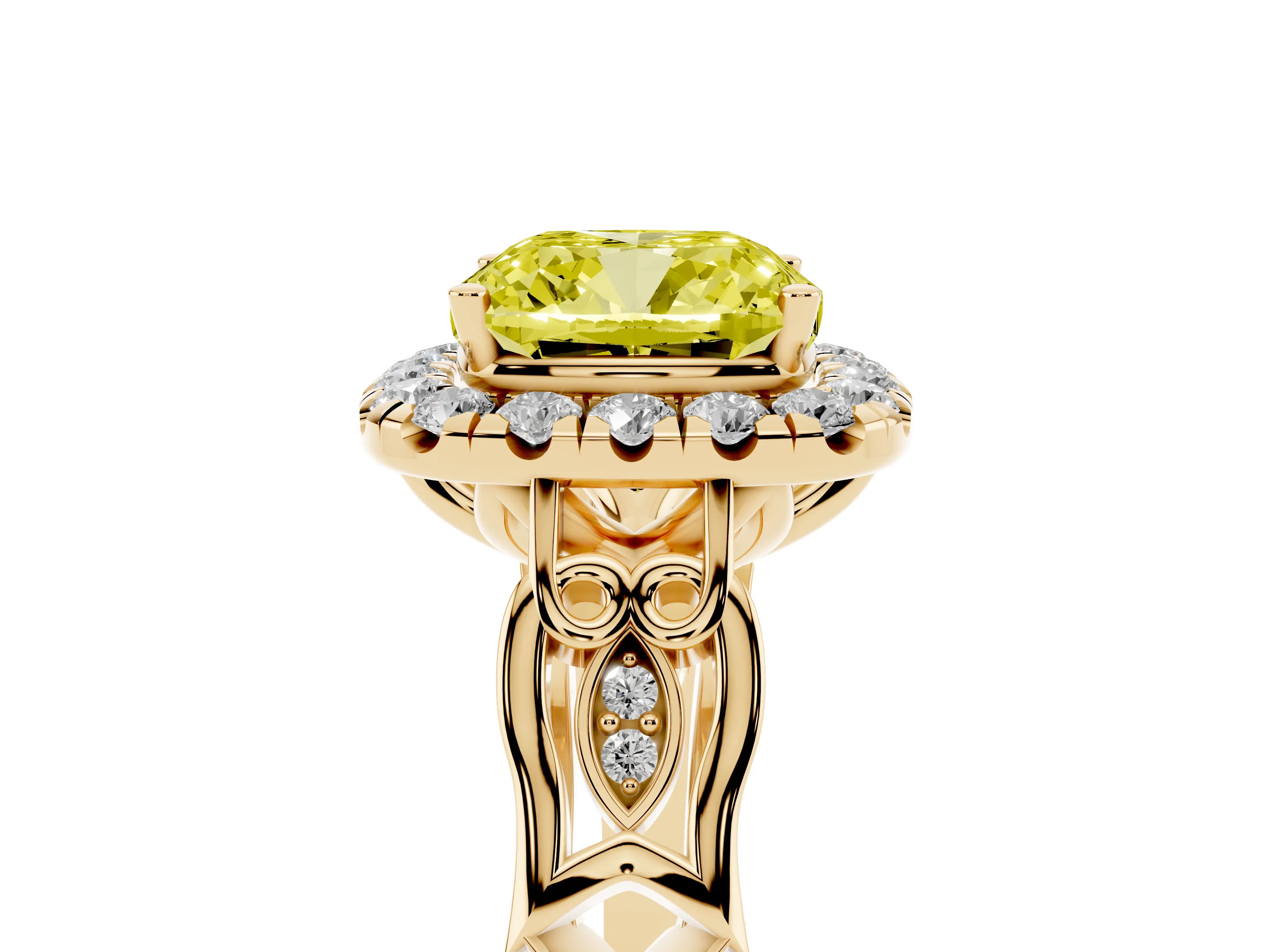 Fancy Yellow Cushion Cut Diamond Halo Engagement Ring Set in Yellow gold with Filigree Band and Prong-Set Center