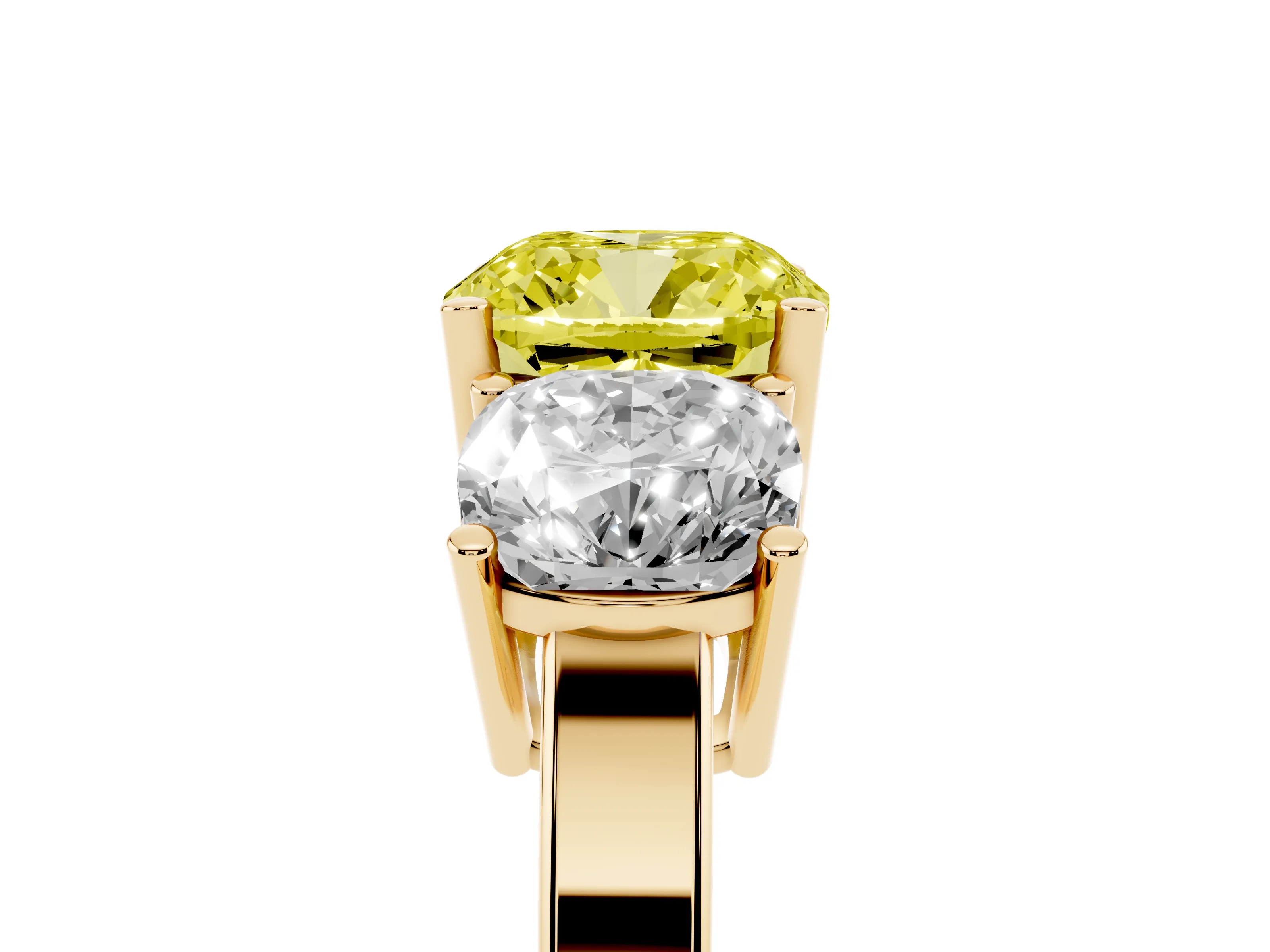 Fancy Yellow Cushion Cut Diamond Three-Stone Engagement Ring Set in Yellow gold with Flat Band