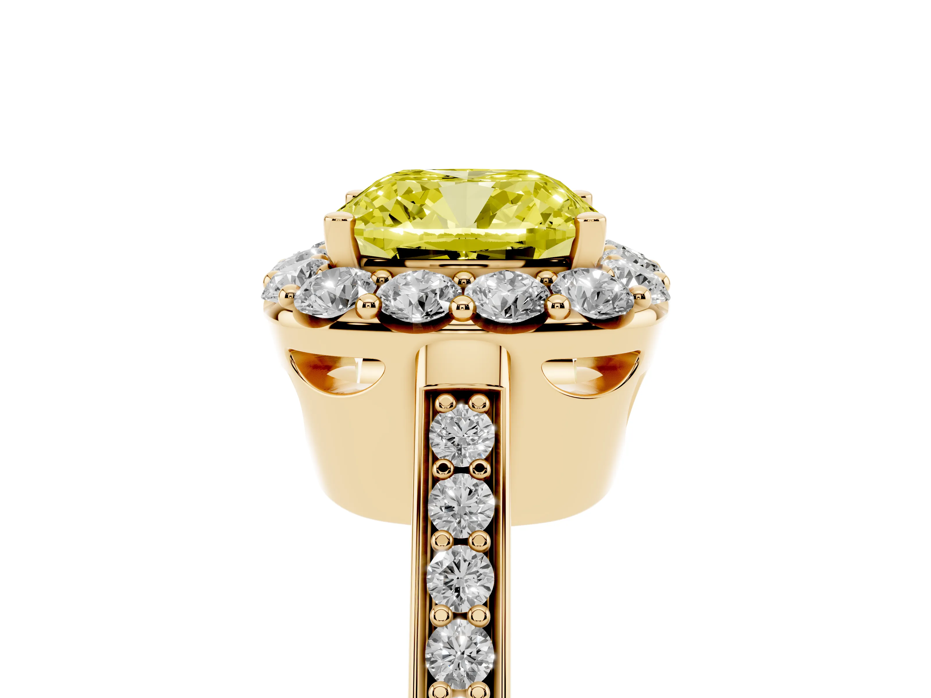 Fancy Yellow Cushion Cut Diamond Floral Halo Ring Set in Yellow gold with Pavé Band and Prong Setting