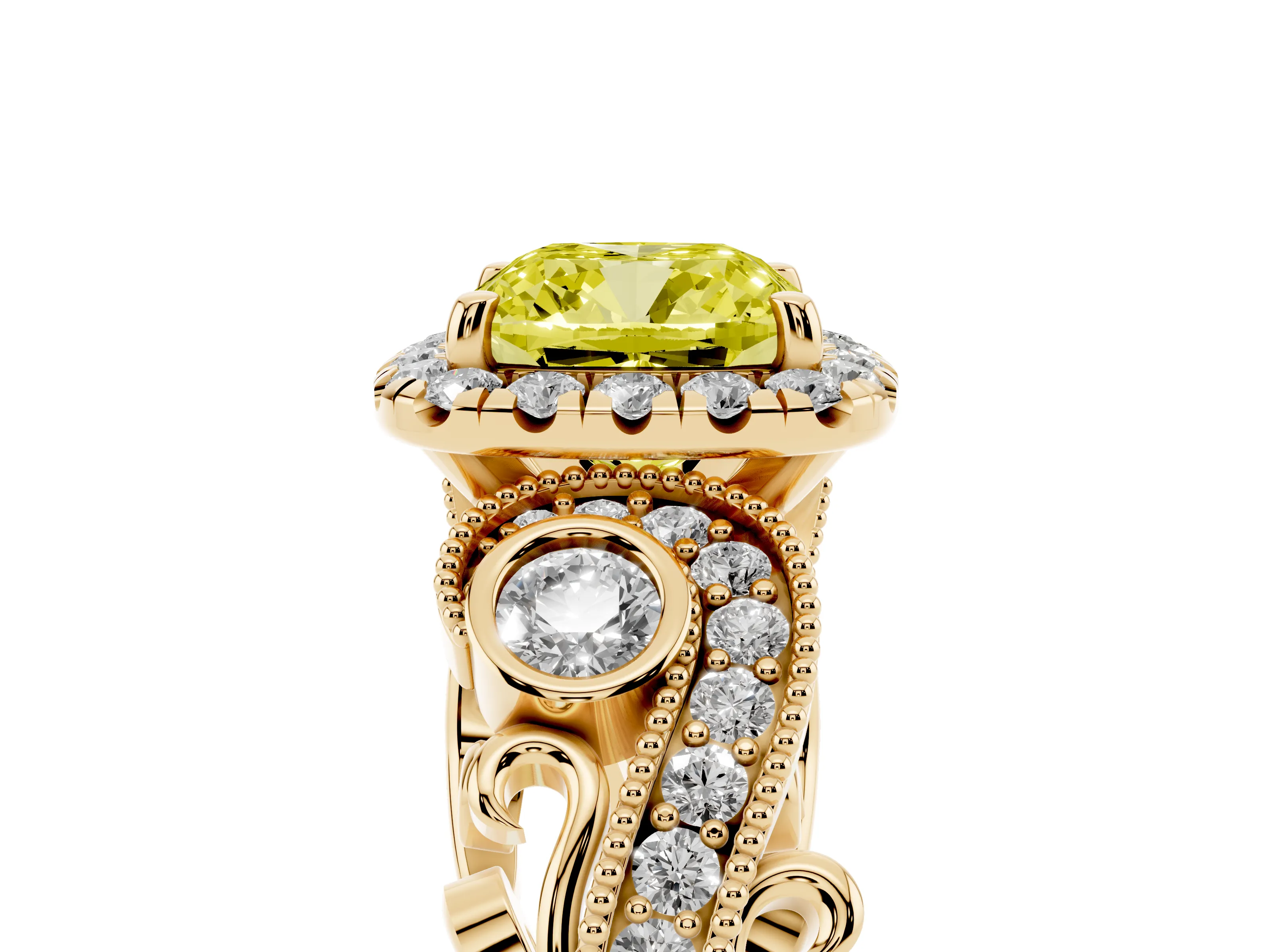 Fancy Yellow Cushion Cut Diamond Halo Ring Set in Yellow gold with Milgrain Pavé Band and Prong Setting