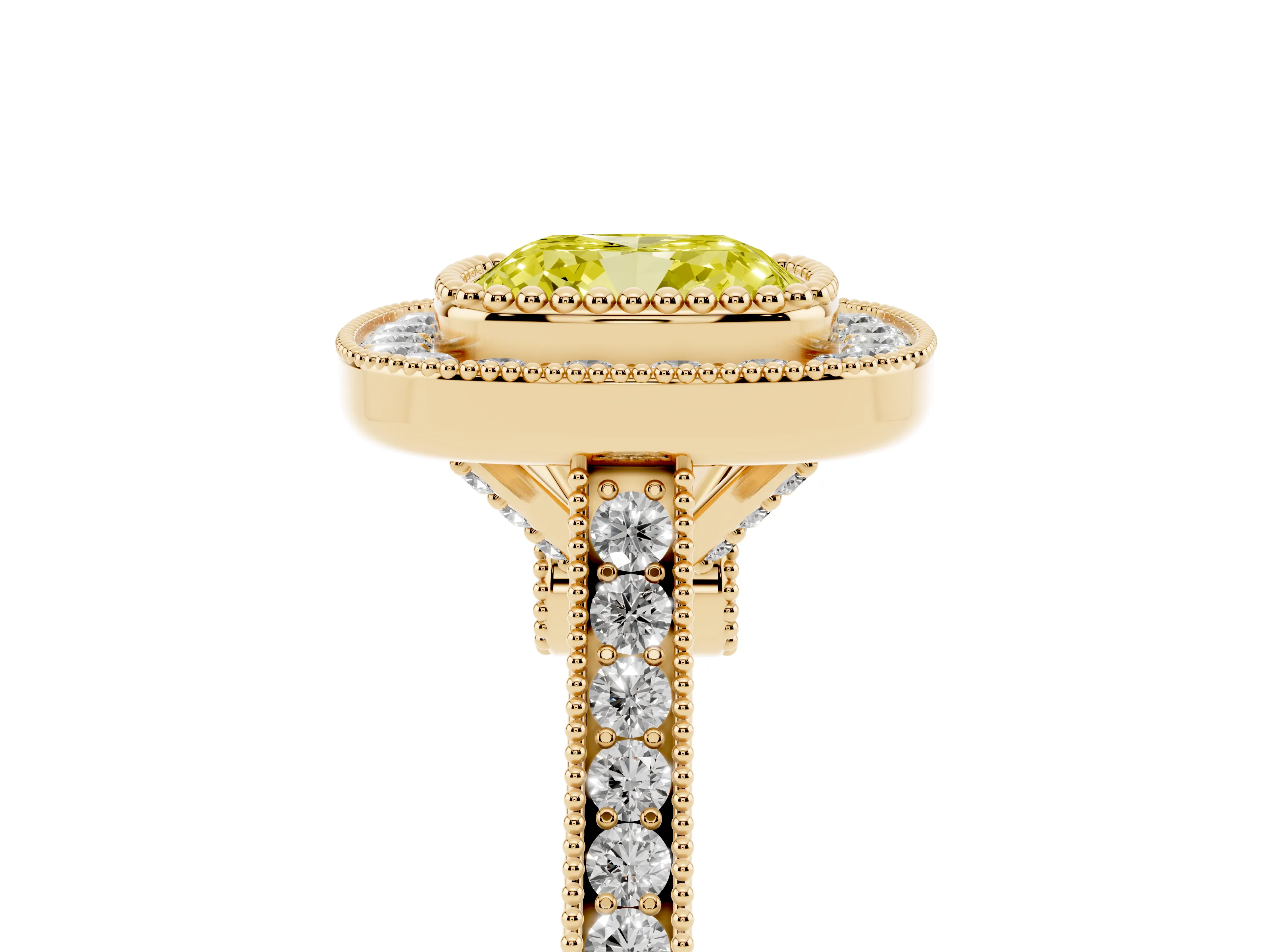 Fancy Yellow Cushion Cut Diamond Halo Ring Set in Yellow gold with Milgrain Frame and Pavé Band