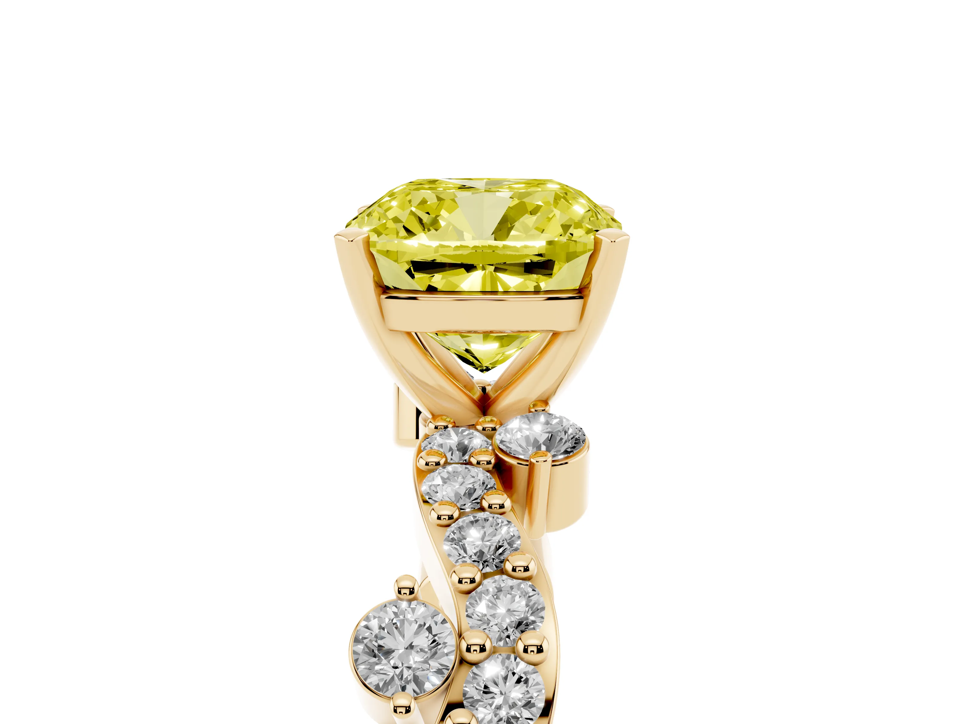 Fancy Yellow Cushion Cut Diamond Solitaire Twisted Band Set in Yellow gold with Pavé Setting