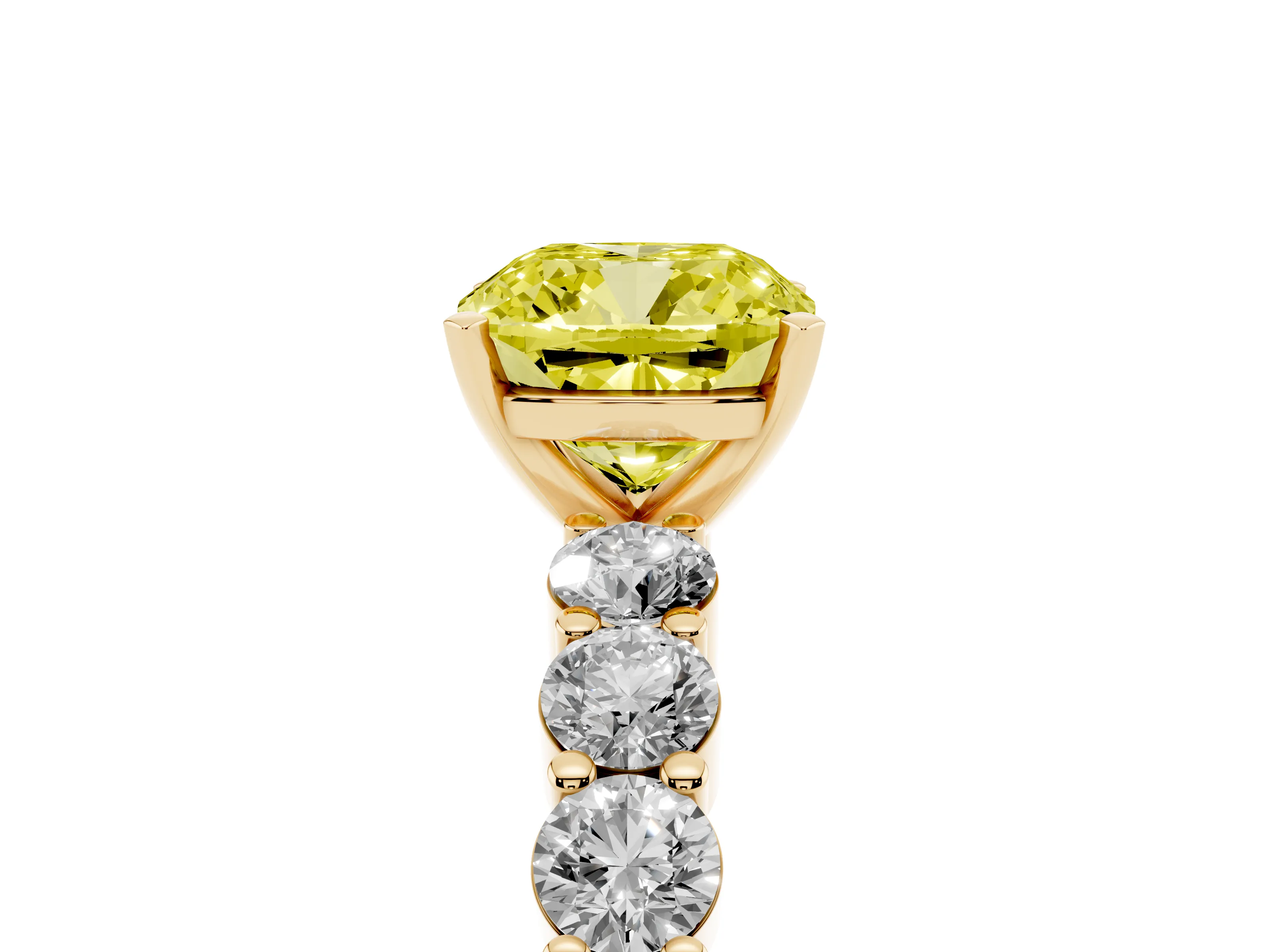 Fancy Yellow Cushion Cut Diamond Solitaire Ring Set in Yellow gold with Shared Prong Round Side Stones