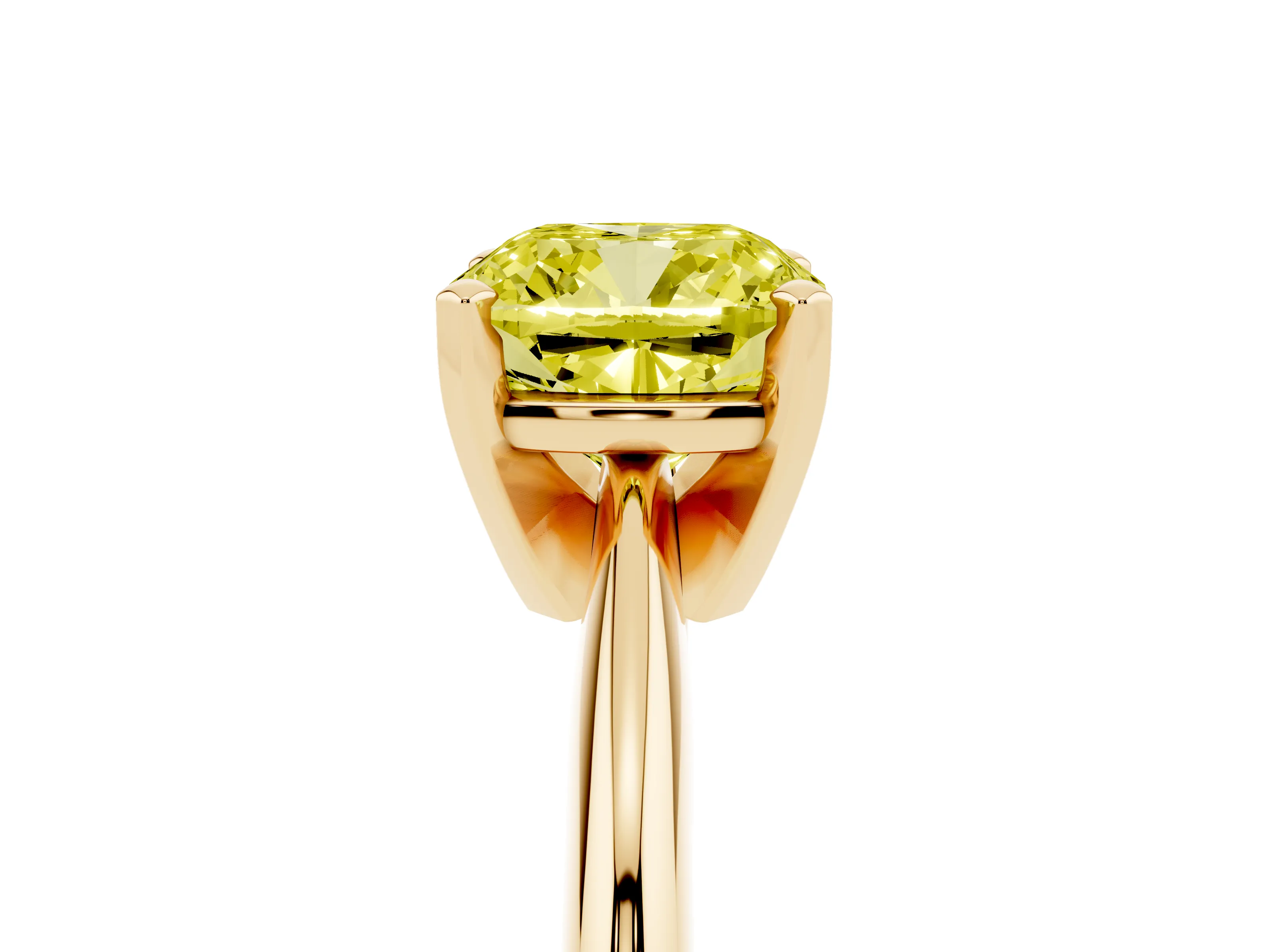 Fancy Yellow Cushion Cut Diamond Solitaire Ring Set in Yellow gold with Prong Setting on a Plain Round Band