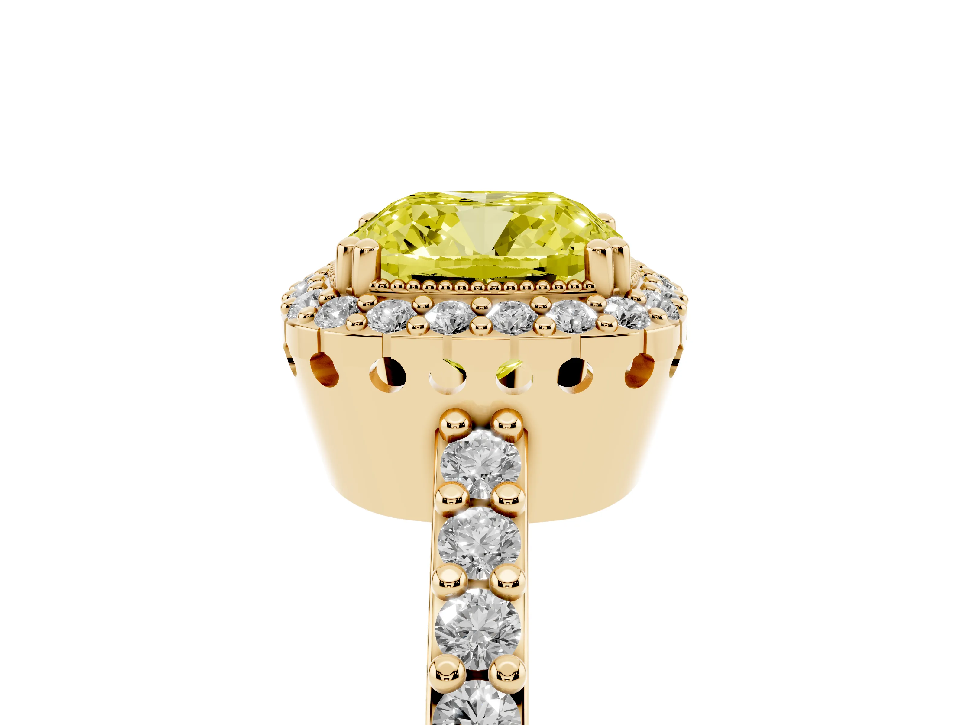 Fancy Yellow Cushion Cut Diamond Halo Engagement Ring Set in Yellow gold with Milgrain Detail and Pavé Band