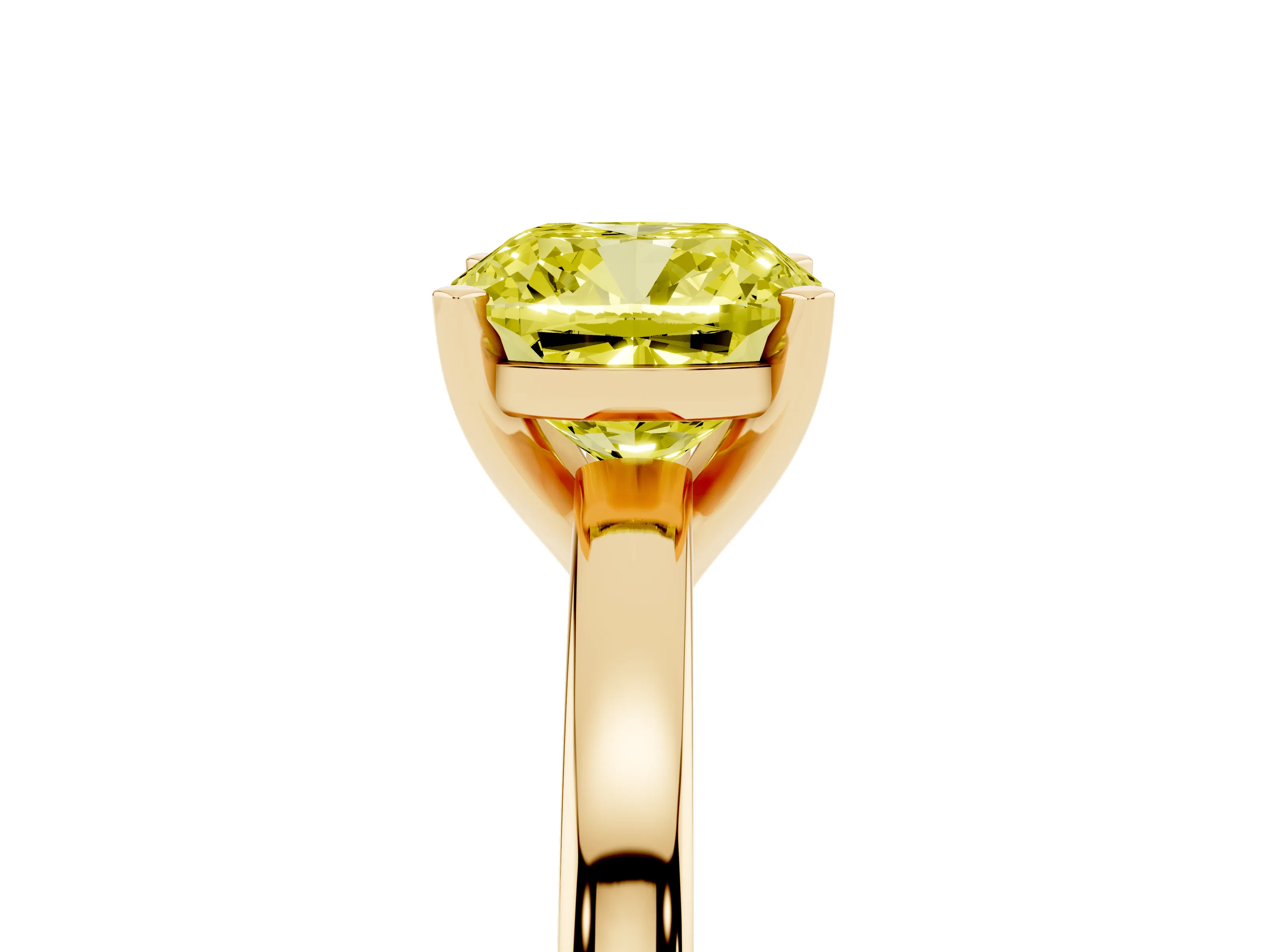 Fancy Yellow Cushion Cut Diamond Solitaire Engagement Ring Set in Yellow gold with Prong Setting on a Classic Band