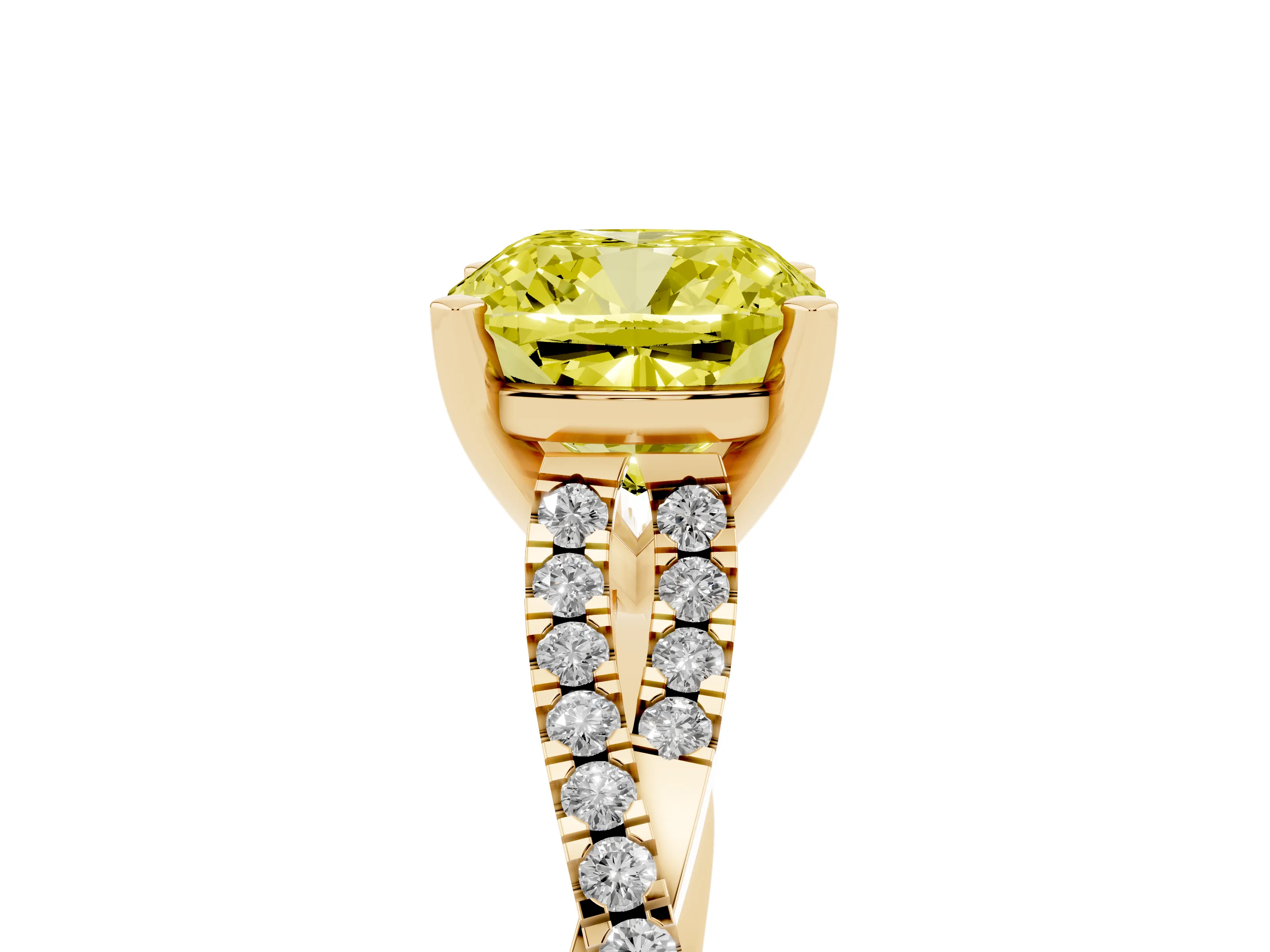 Fancy Yellow Cushion Cut Diamond Solitaire Engagement Ring Set in Yellow gold with Twisted Pavé Band and Prong Setting