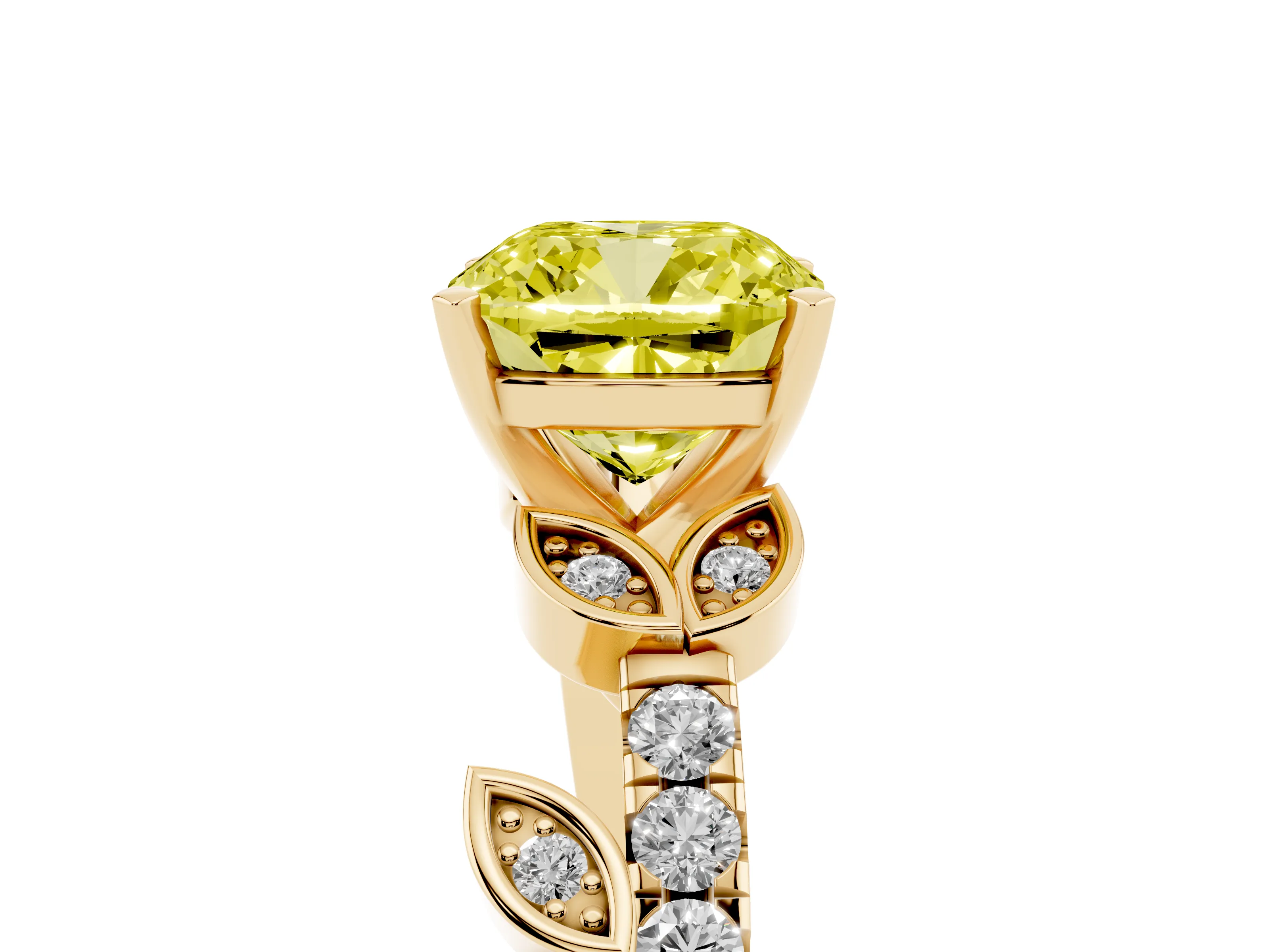 Fancy Yellow Cushion Cut Diamond Solitaire Leaf-Inspired Ring Set in Yellow gold with Pavé Band and Prong Setting