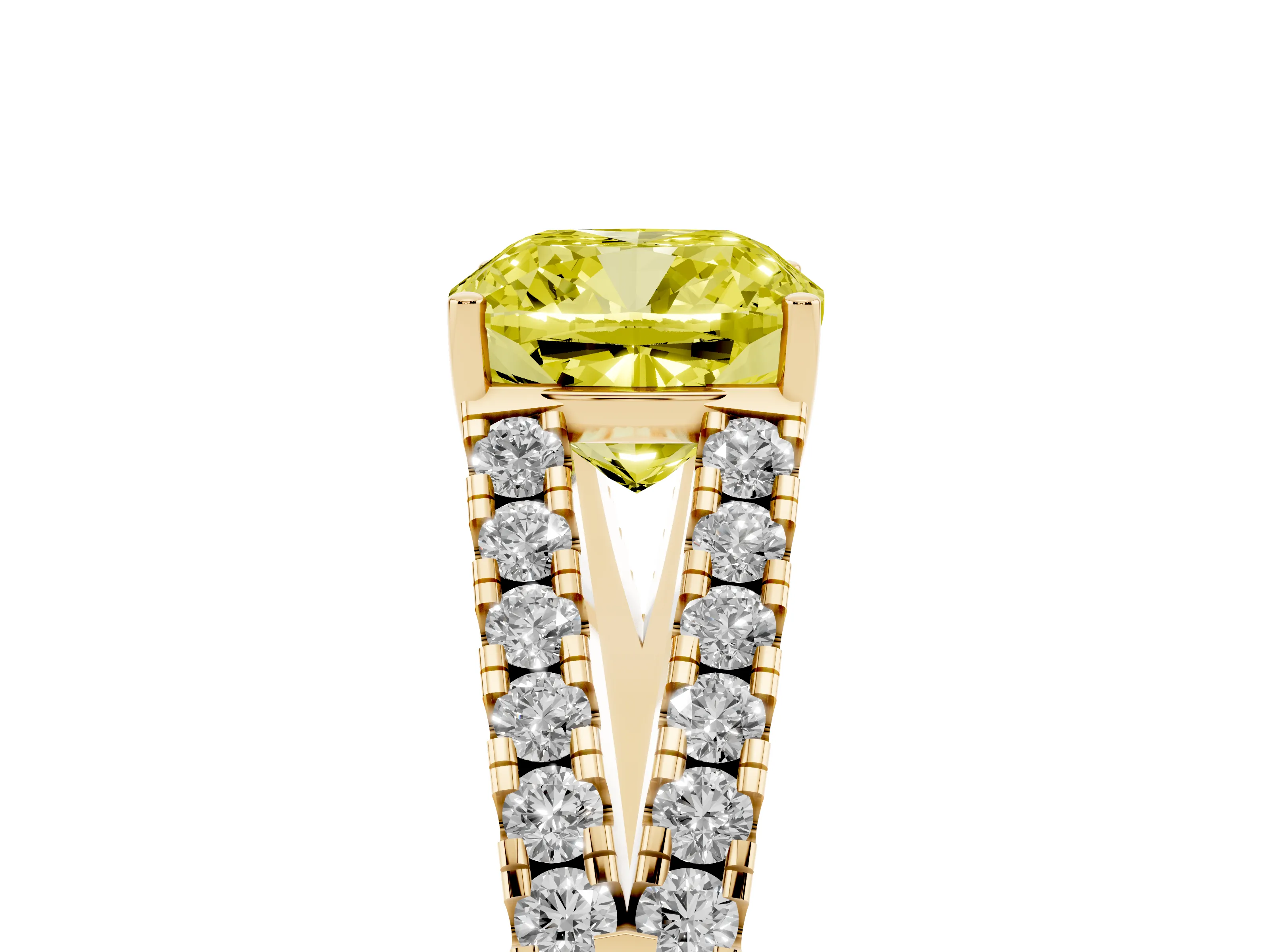 Fancy Yellow Cushion Cut Diamond Split Shank Pavé Engagement Ring Set in Yellow gold with Prong-Held Center Stone