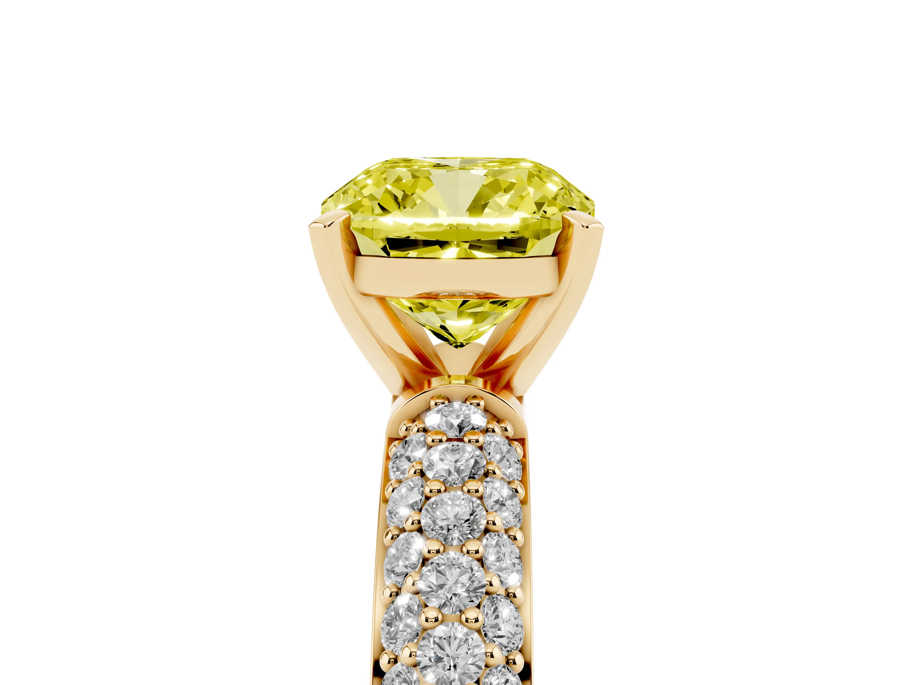 Fancy Yellow Cushion Cut Diamond Solitaire Ring Set in Yellow gold with Prong Setting and Pavé-Set Band