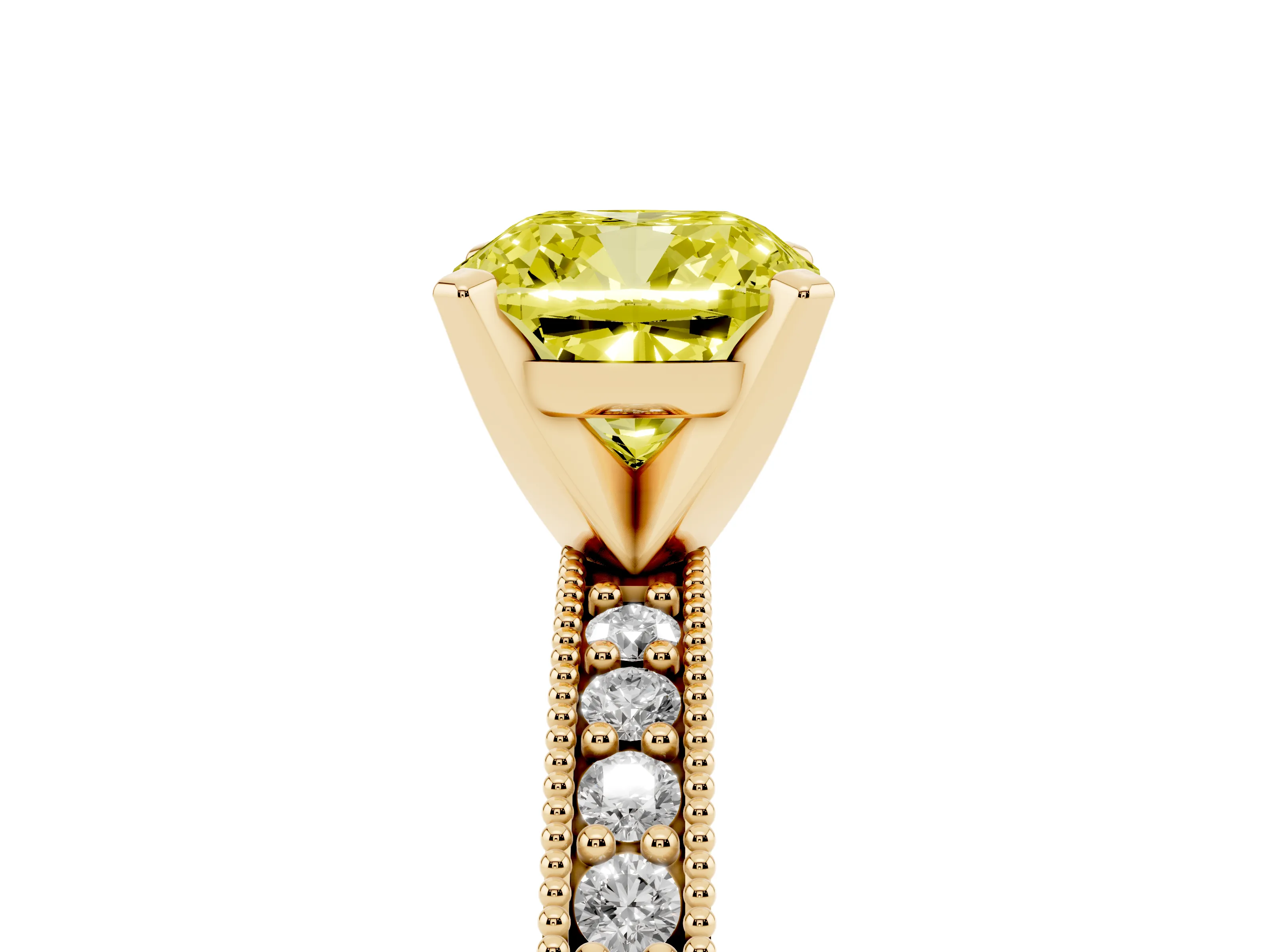 Fancy Yellow Cushion Cut Diamond Milgrain Pavé Engagement Ring Set in Yellow gold with Prong Setting