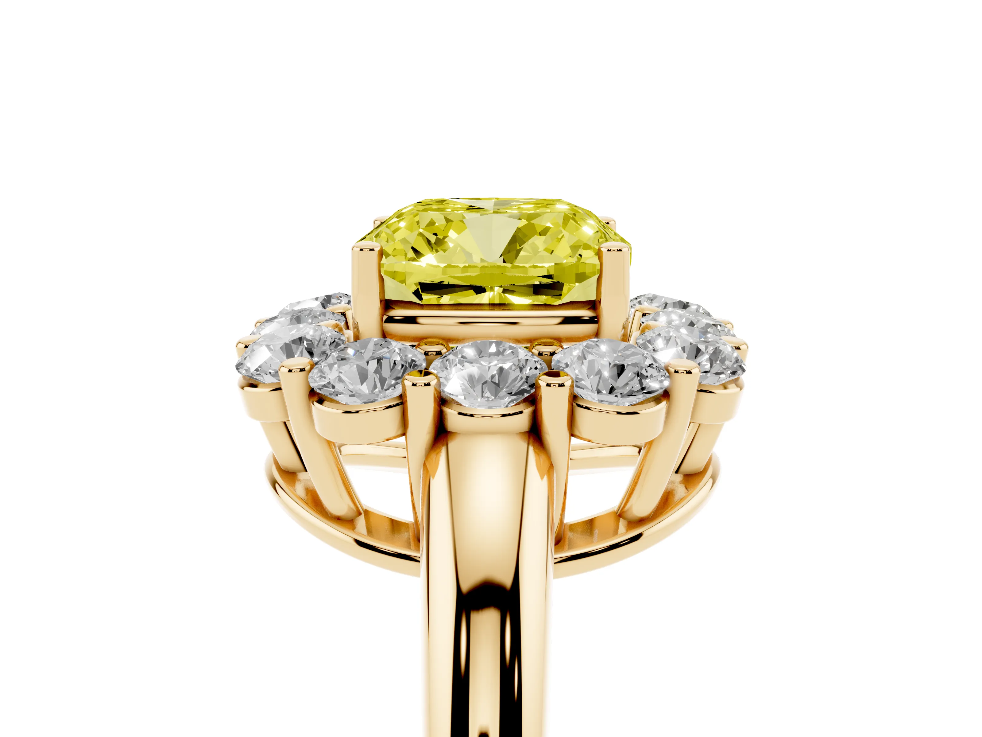 Fancy Yellow Cushion Cut Diamond Halo Cluster Engagement Ring Set in Yellow gold with Polished Band and Prong Setting
