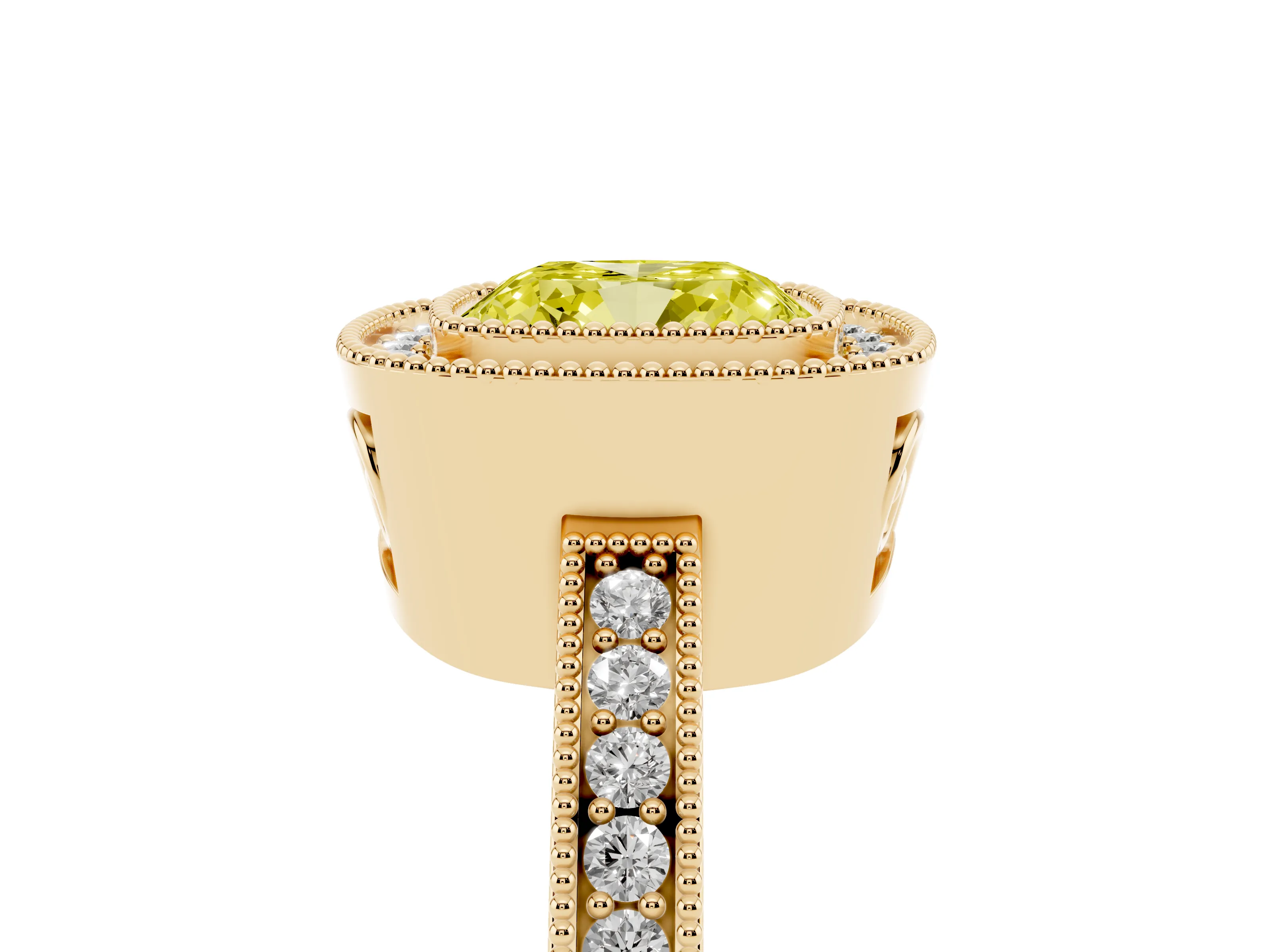 Fancy Yellow Cushion Cut Diamond Round Halo Ring Set in Yellow gold with Pavé Band
