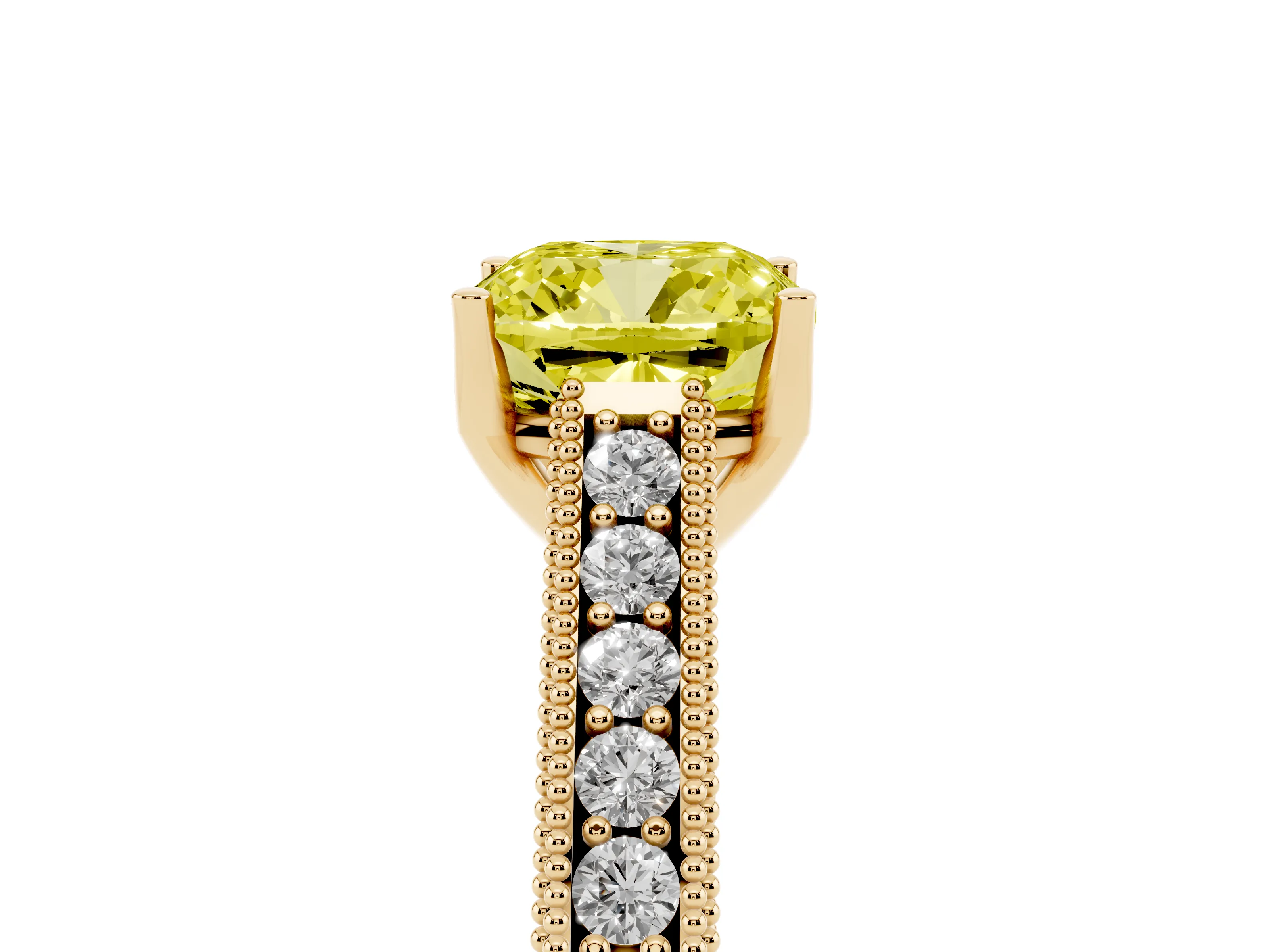 Fancy Yellow Cushion Cut Diamond Milgrain Pavé Band Solitaire Ring Set in Yellow gold with Prong Setting