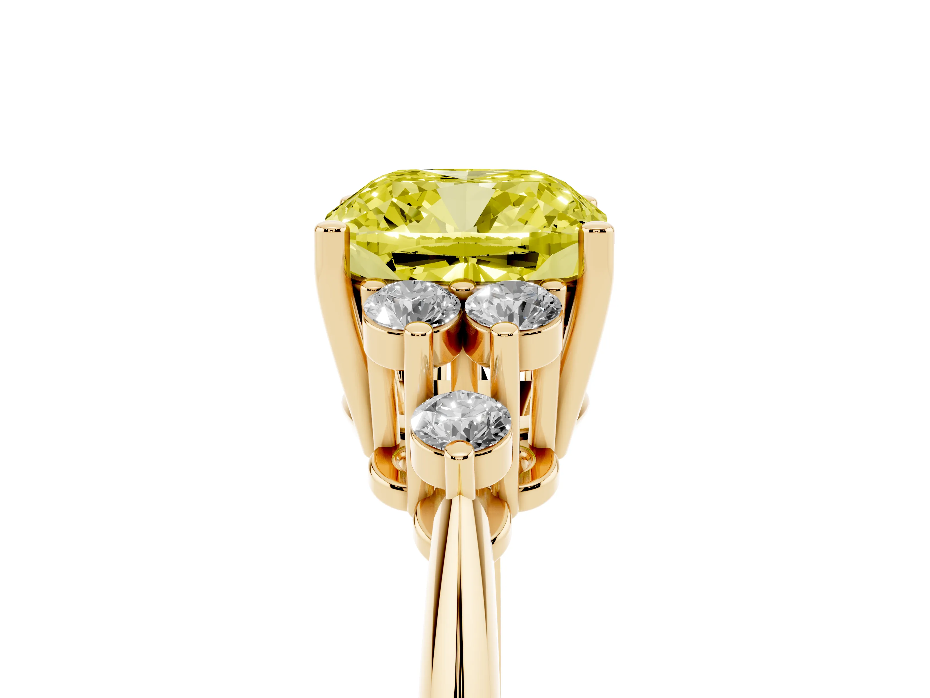 Fancy Yellow Cushion Cut Diamond Cluster Ring Set in Yellow gold with Plain Band and Prong Setting