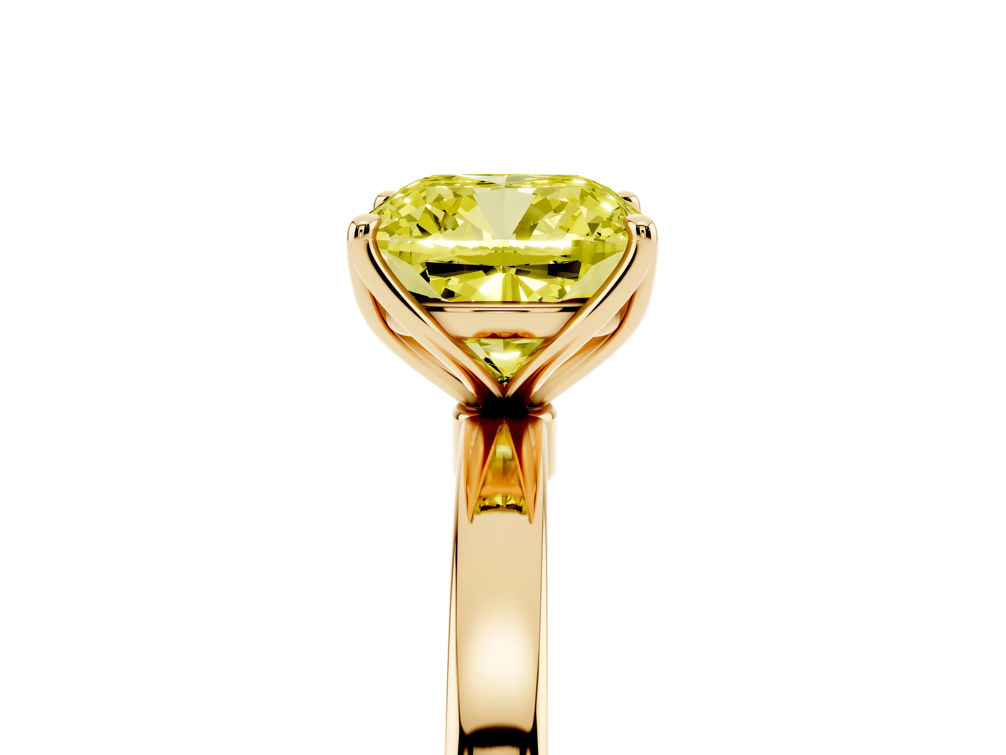 Fancy Yellow Cushion Cut Diamond Solitaire Ring Set in Yellow gold with Prong Setting and Thin Polished Band