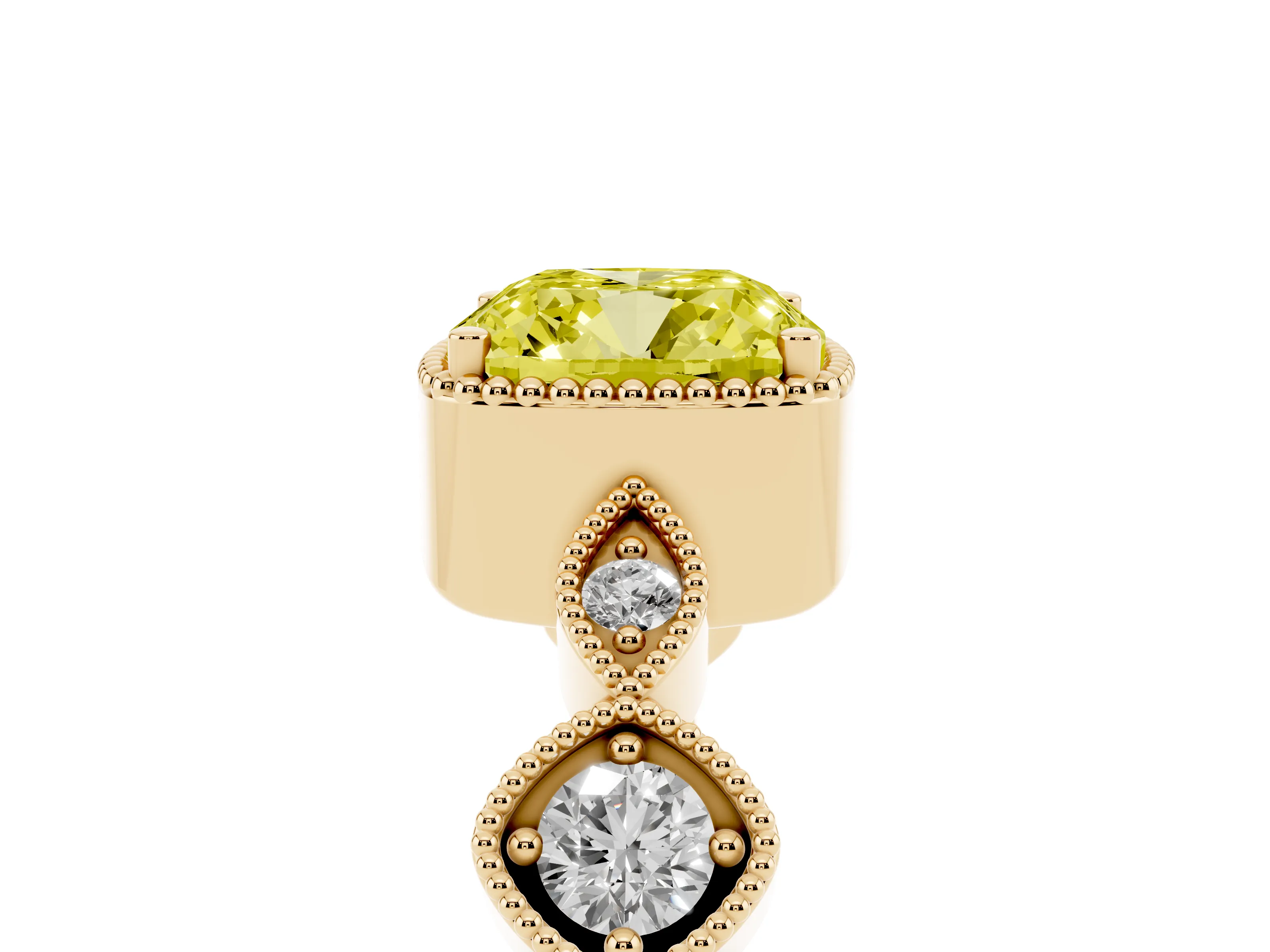 Fancy Yellow Cushion Cut Diamond Vintage-Inspired Milgrain Ring Set in Yellow gold with Marquise Stations of Round Accents