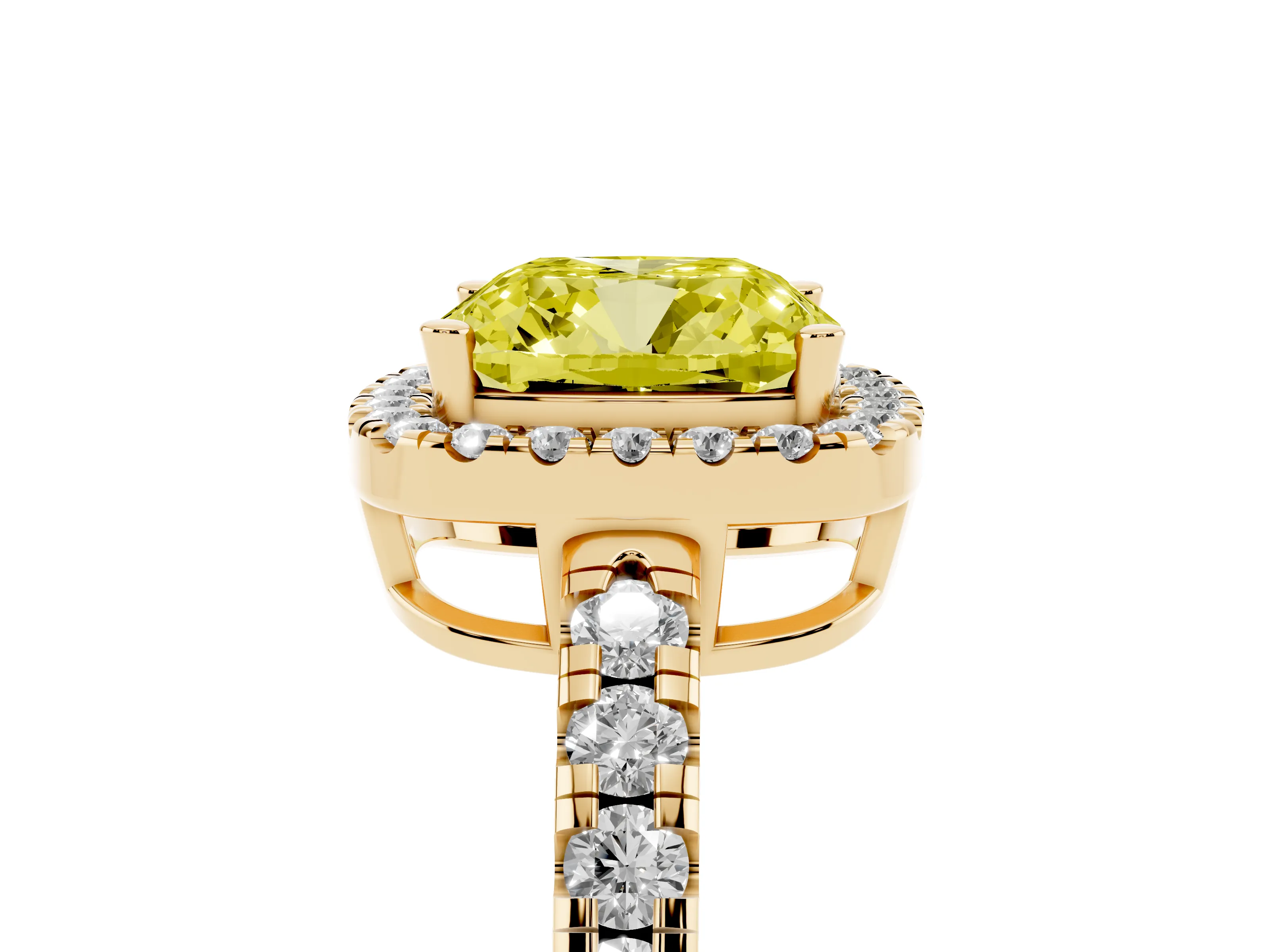 Fancy Yellow Cushion Cut Diamond Halo Ring Set in Yellow gold with Delicate Pavé Band and Prong Setting