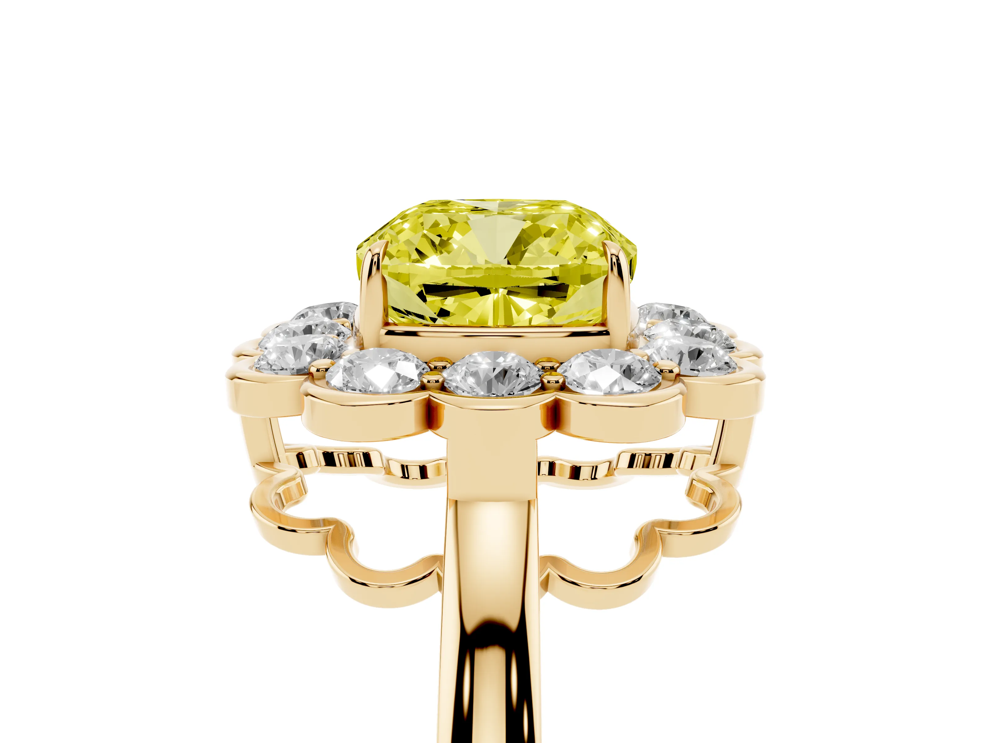 Fancy Yellow Cushion Cut Diamond Halo Cluster Engagement Ring Set in Yellow gold with Solitaire Band and Prong Setting