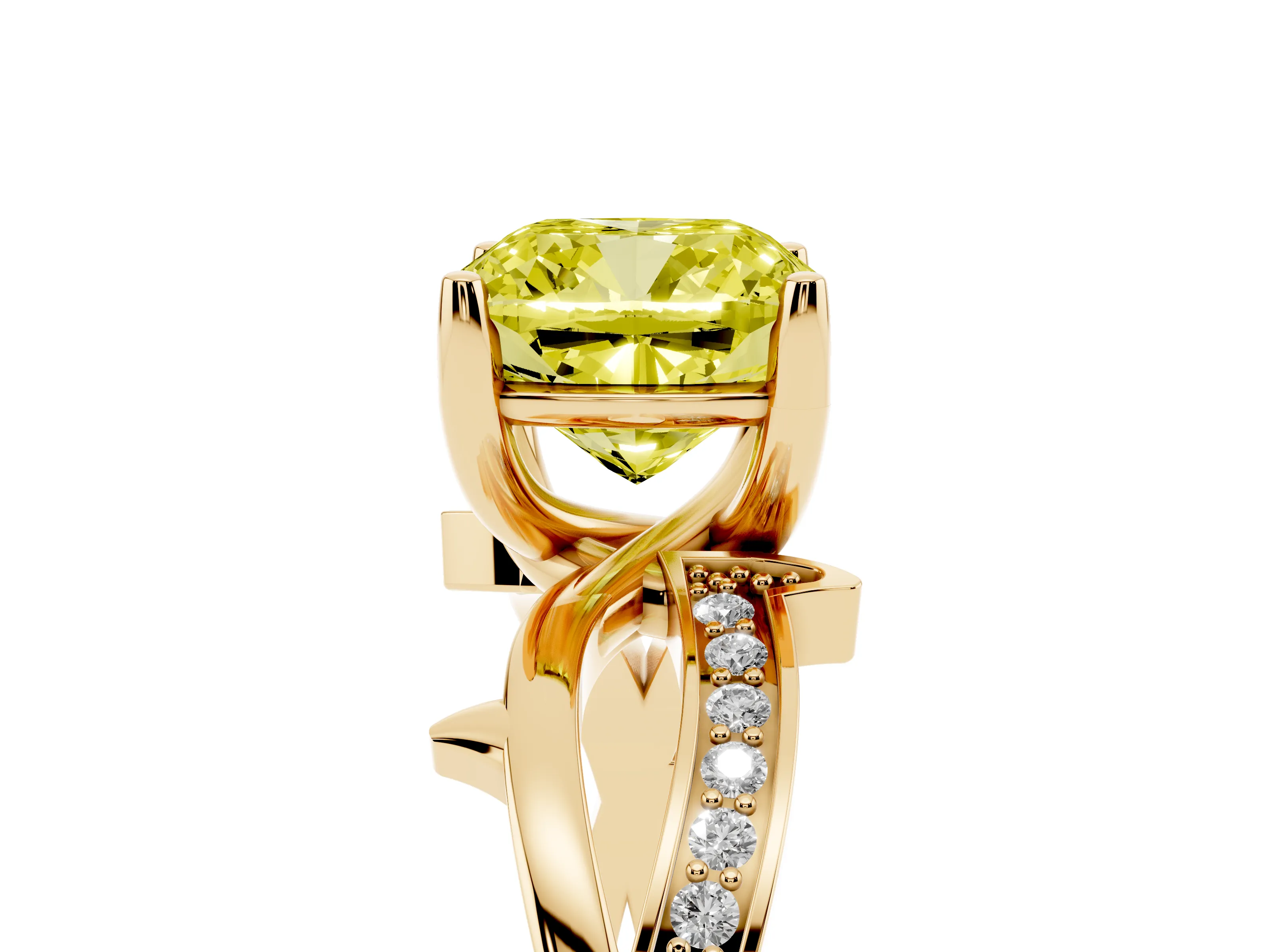 Fancy Yellow Cushion Cut Diamond Pavé Twist Band Solitaire Ring Set in Yellow gold with Prong Setting