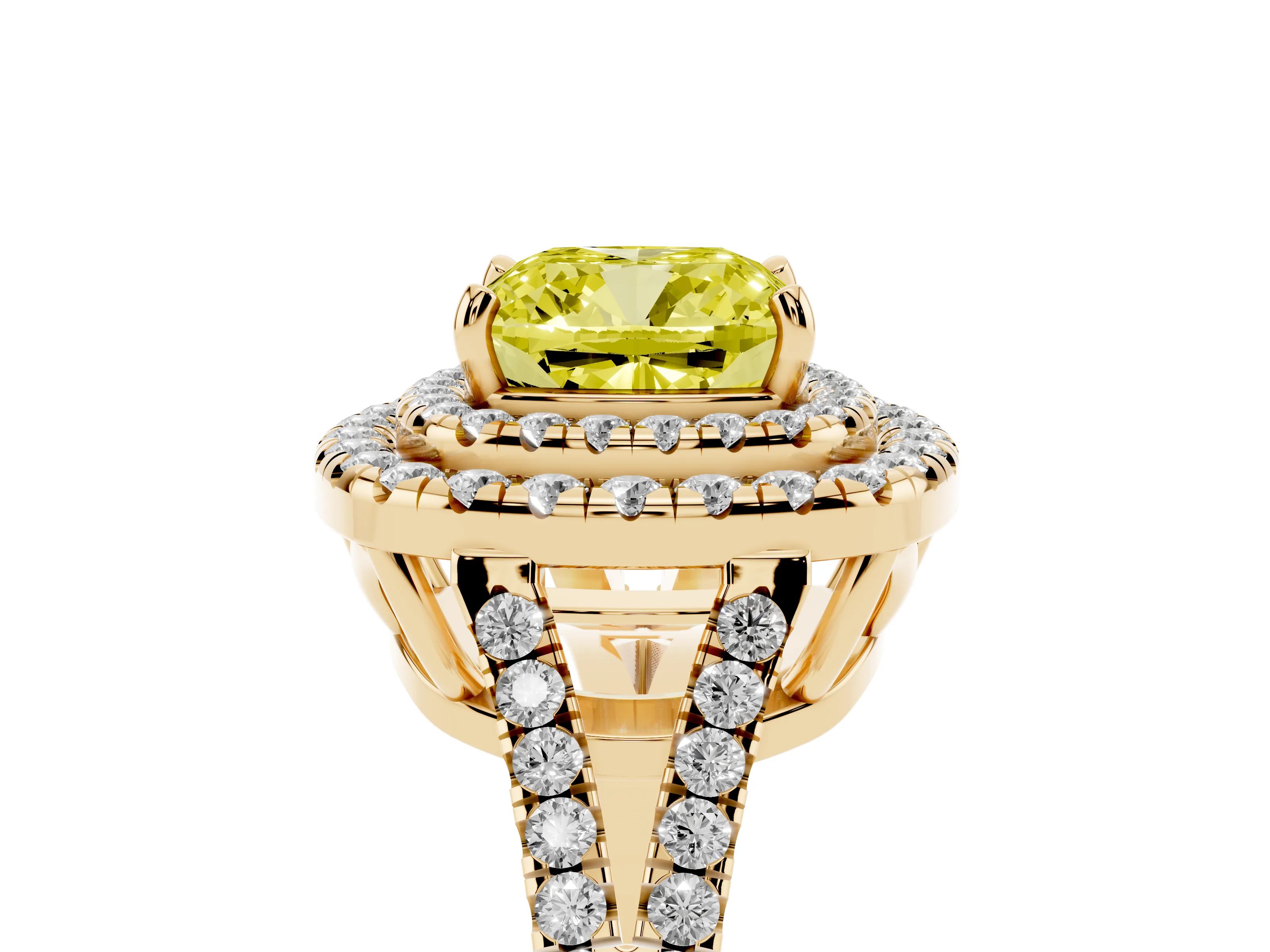 Fancy Yellow Cushion Cut Diamond Double Halo Ring Set in Yellow gold with Pavé Band