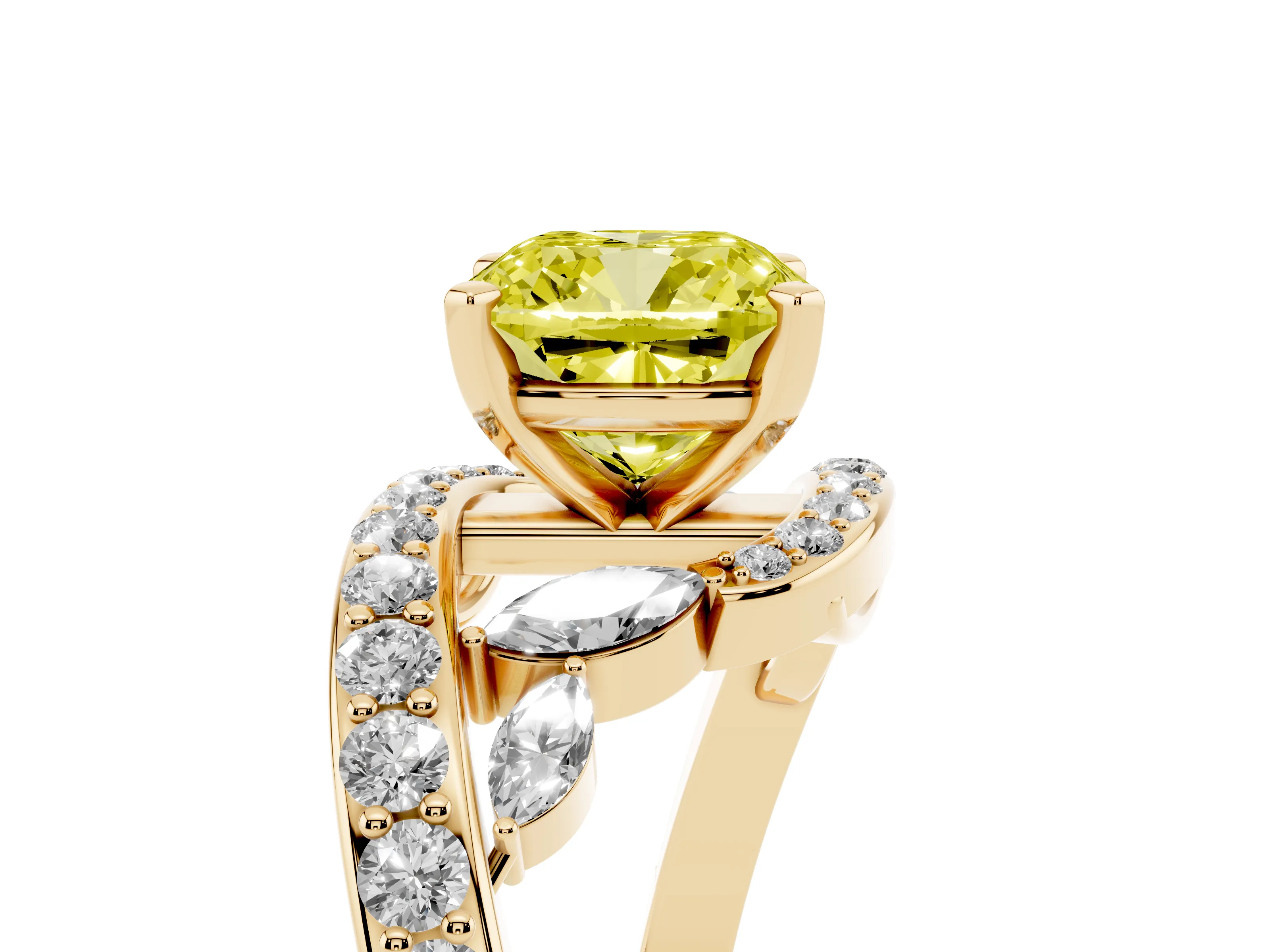 Fancy Yellow Cushion Cut Diamond Solitaire Ring Set in Yellow gold with Pavé Twist Band and Secure Prong Setting