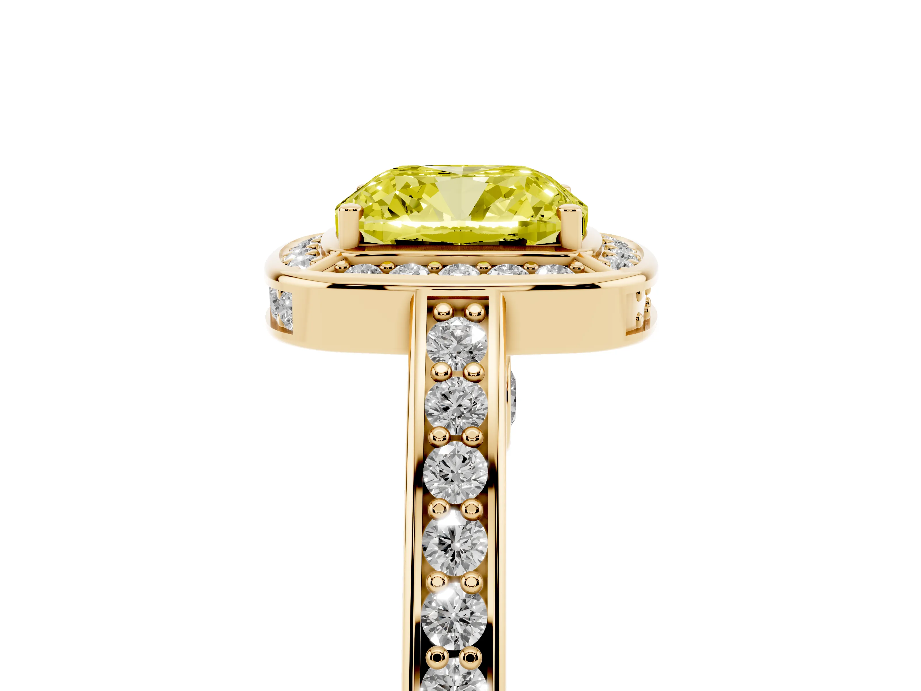 Fancy Yellow Cushion Cut Diamond Halo Pavé Split Shank Ring Set in Yellow gold with Prong Setting