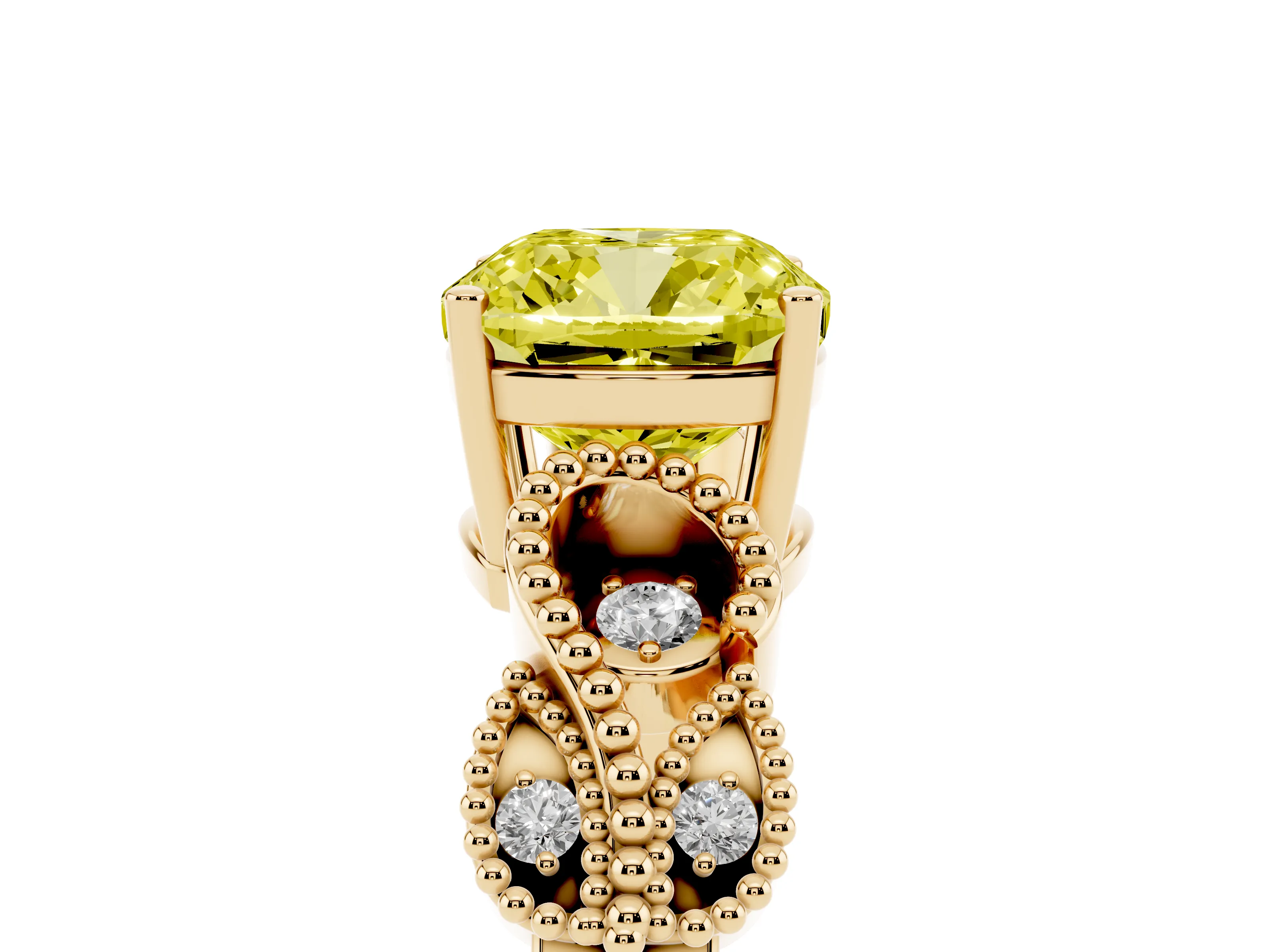 Fancy Yellow Cushion Cut Diamond Milgrain Leaf Band Solitaire Ring Set in Yellow gold with Accent Stones and Prong Setting